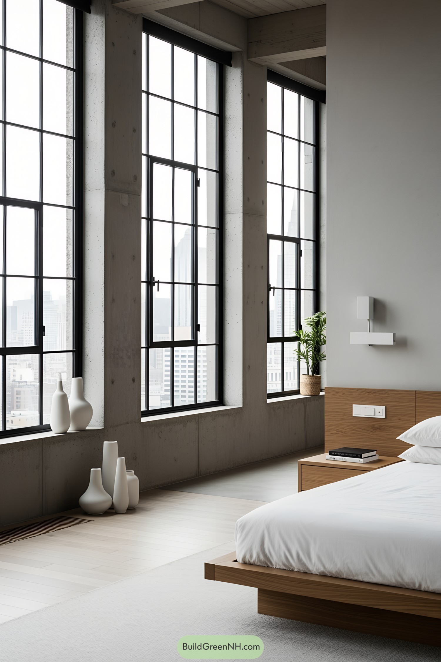 Minimalist bedroom with large windows and wood details