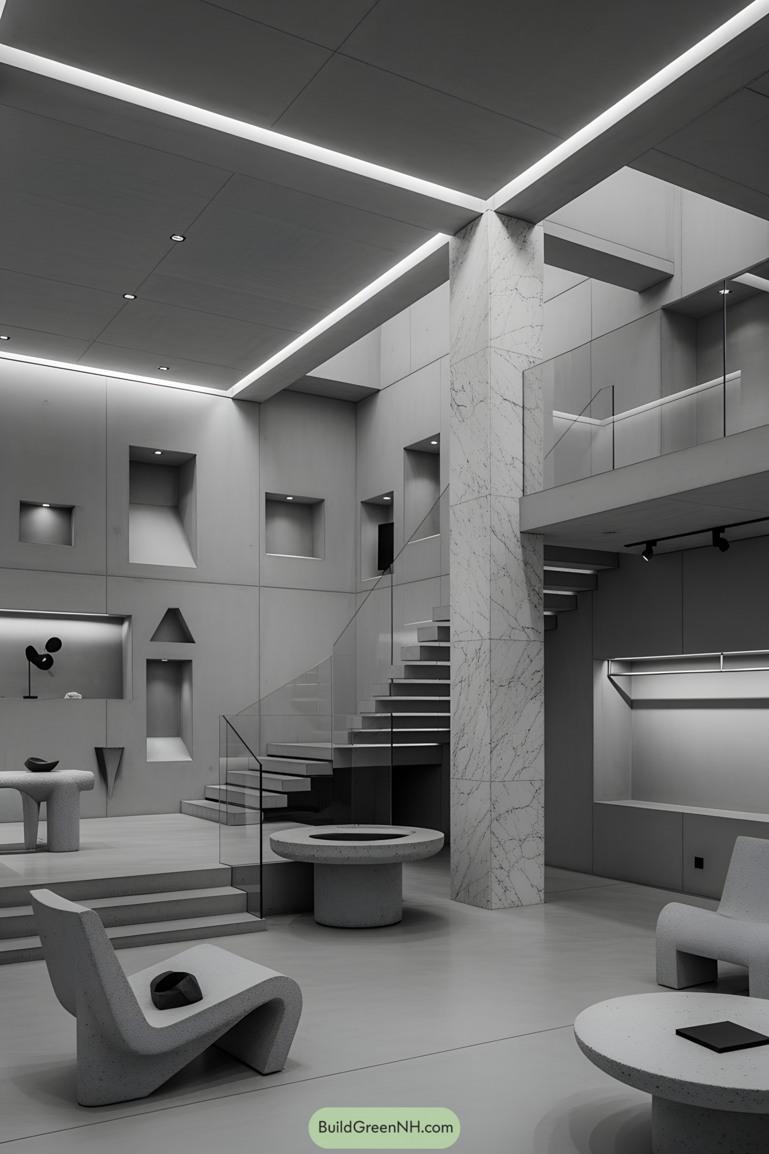 Monochromatic concrete room with modern furniture and geometric shapes