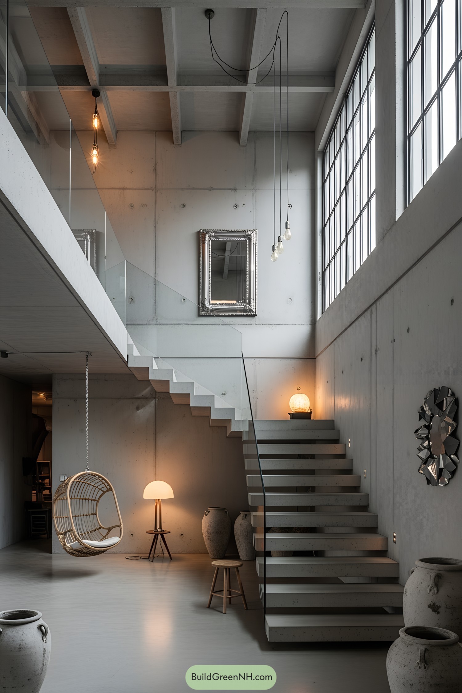 Modern concrete living room with a staircase, large windows, and hanging lights