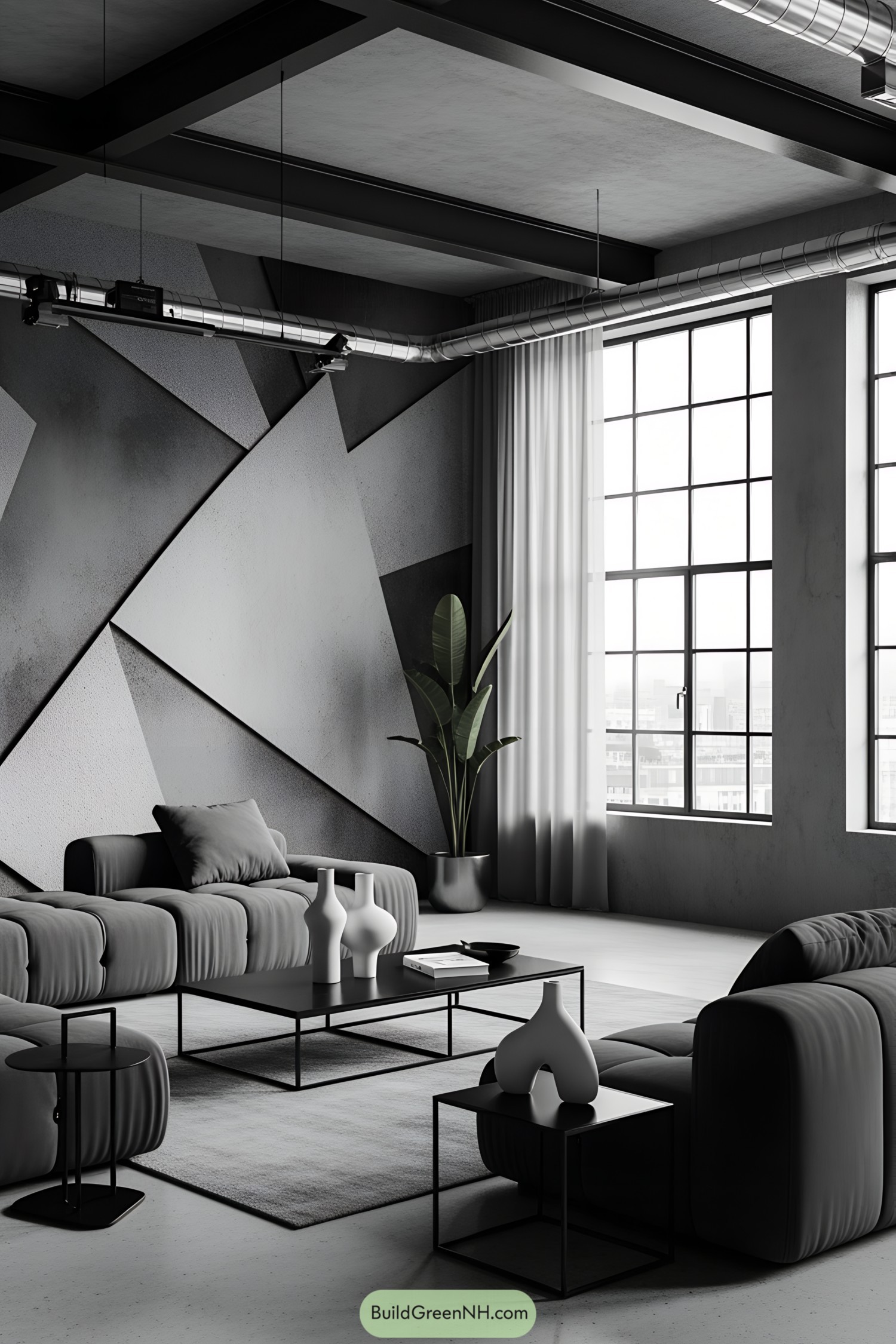 Modern interior with geometric wall design and plush seating