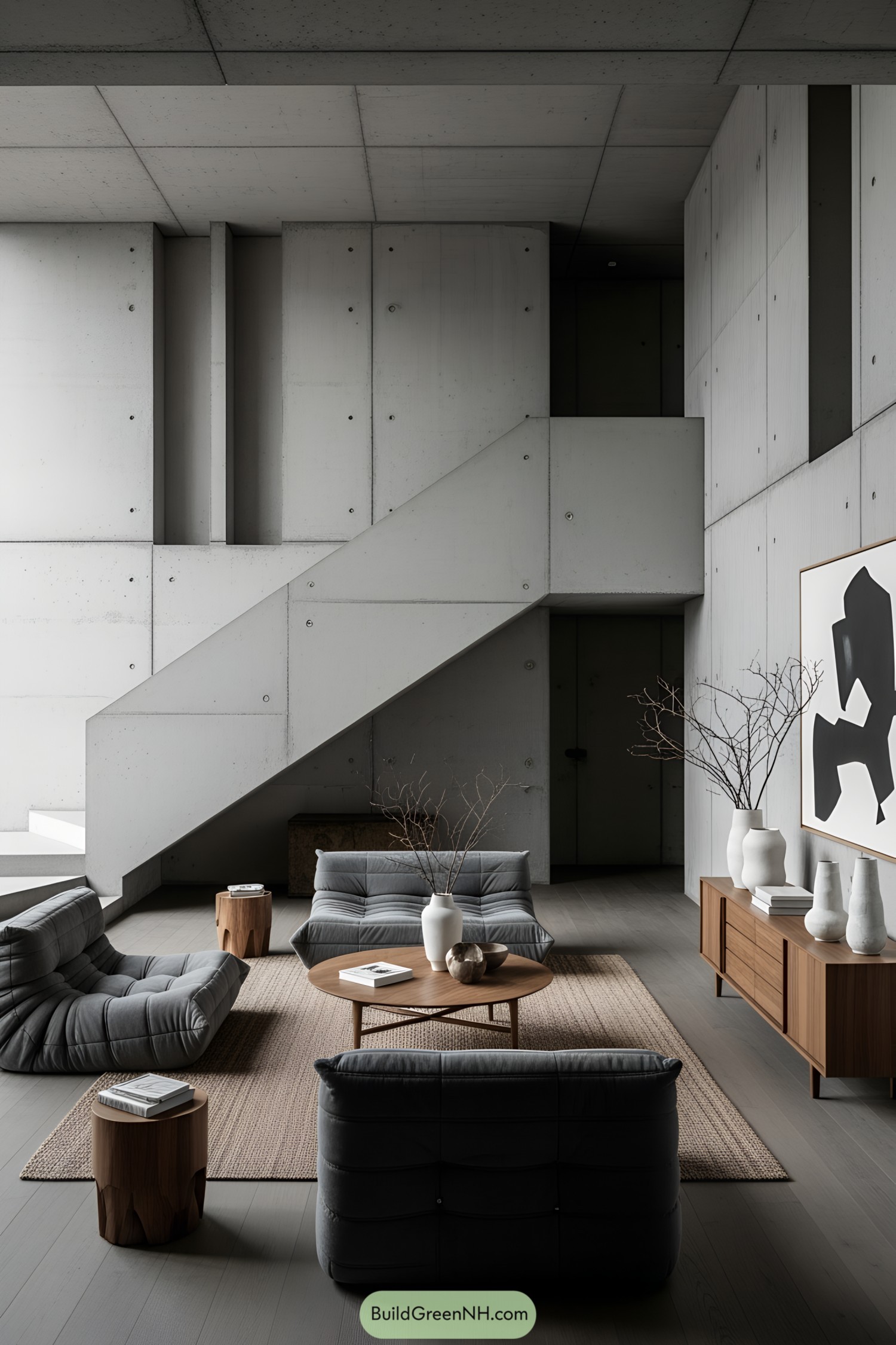 Concrete living room with modern furniture and minimalist art