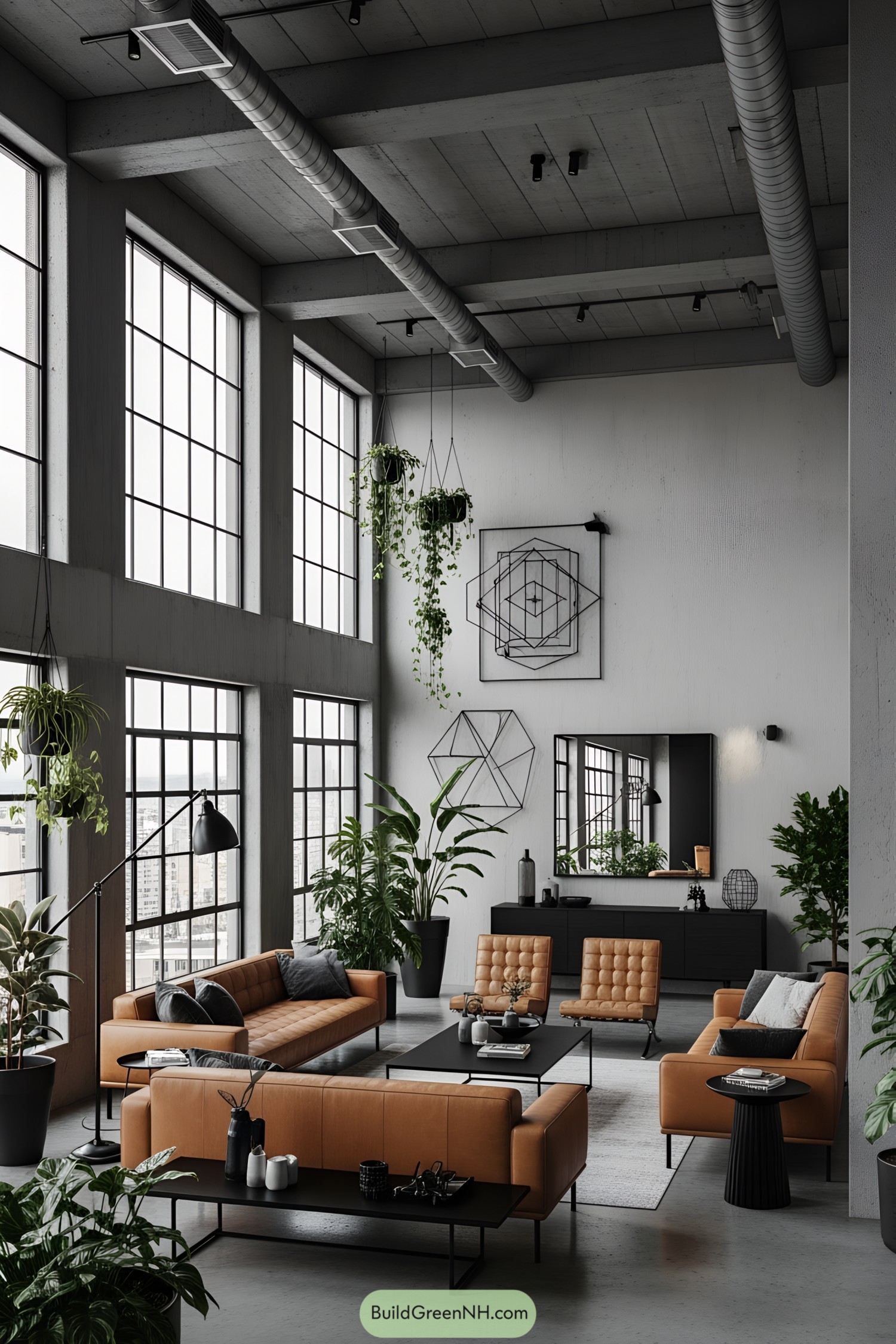 Spacious, modern living room with concrete elements and lush greenery