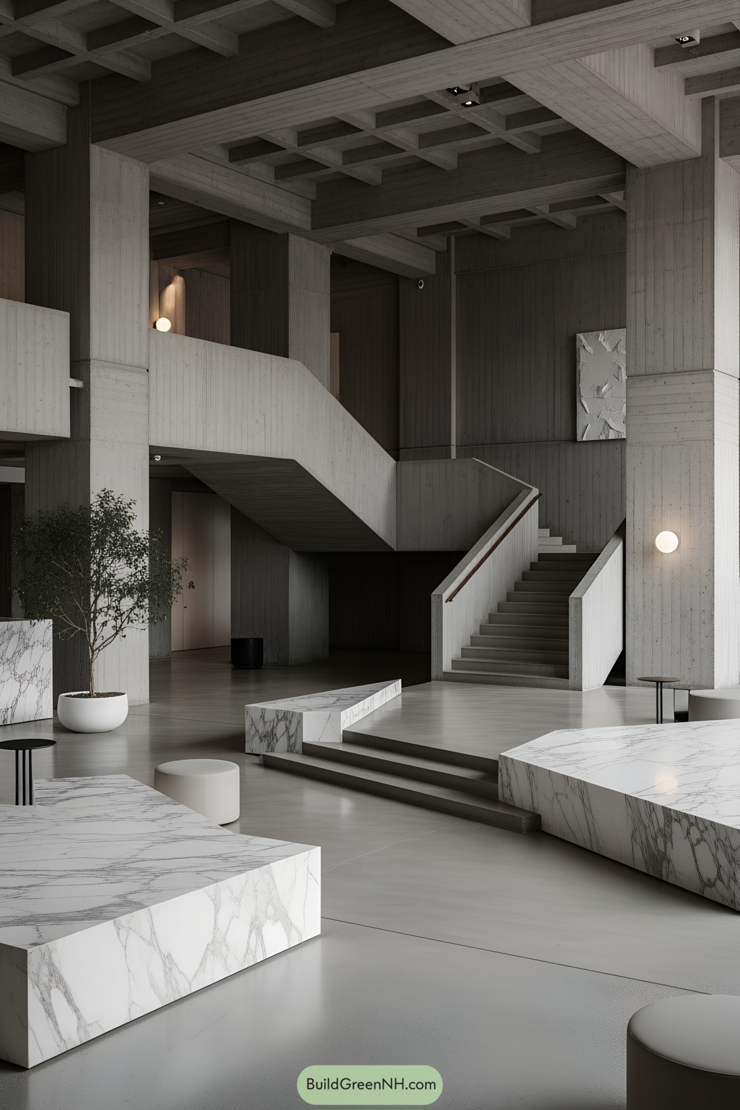 Concrete interior with marble accents