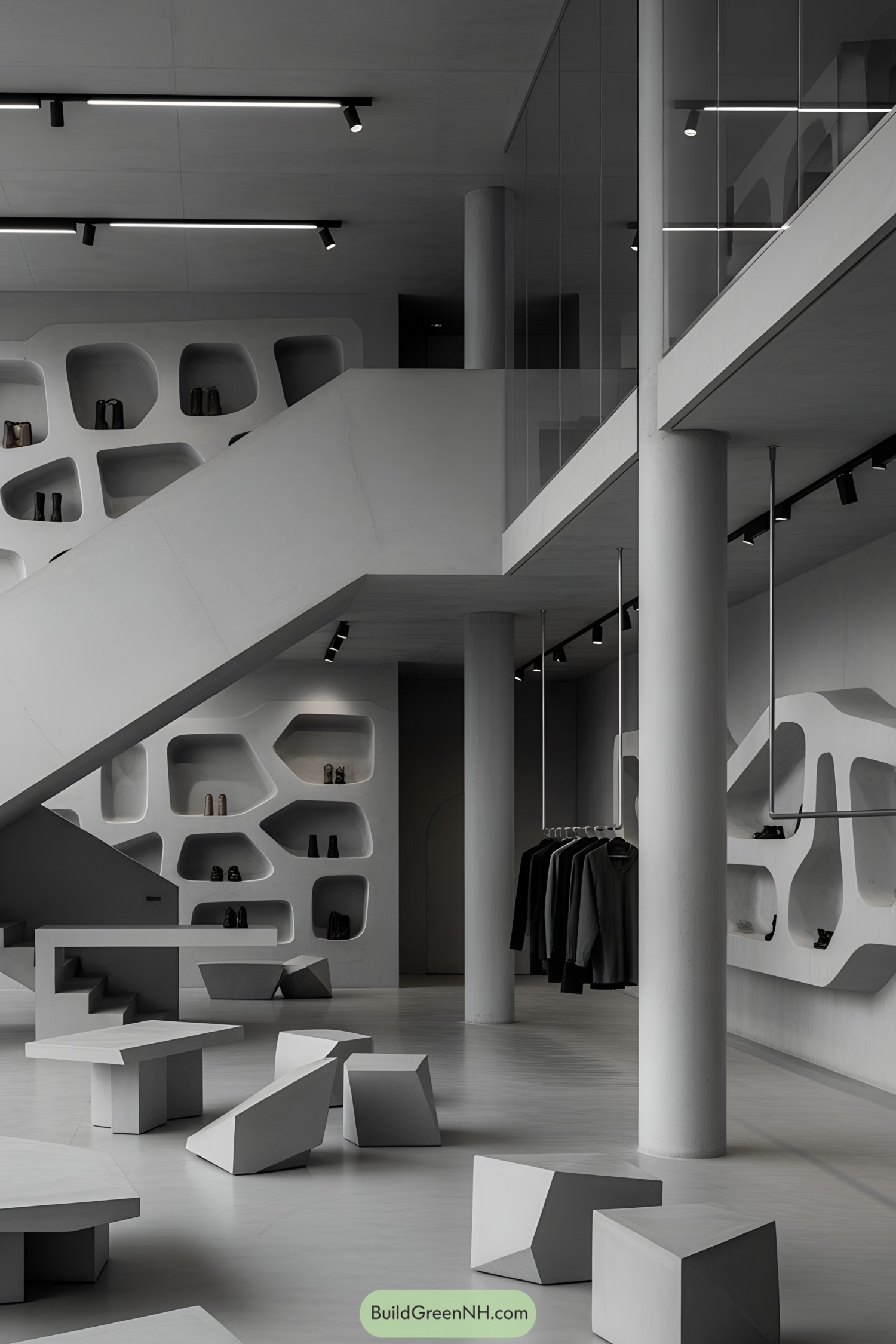 Modern concrete interior with geometric furniture and open shelving