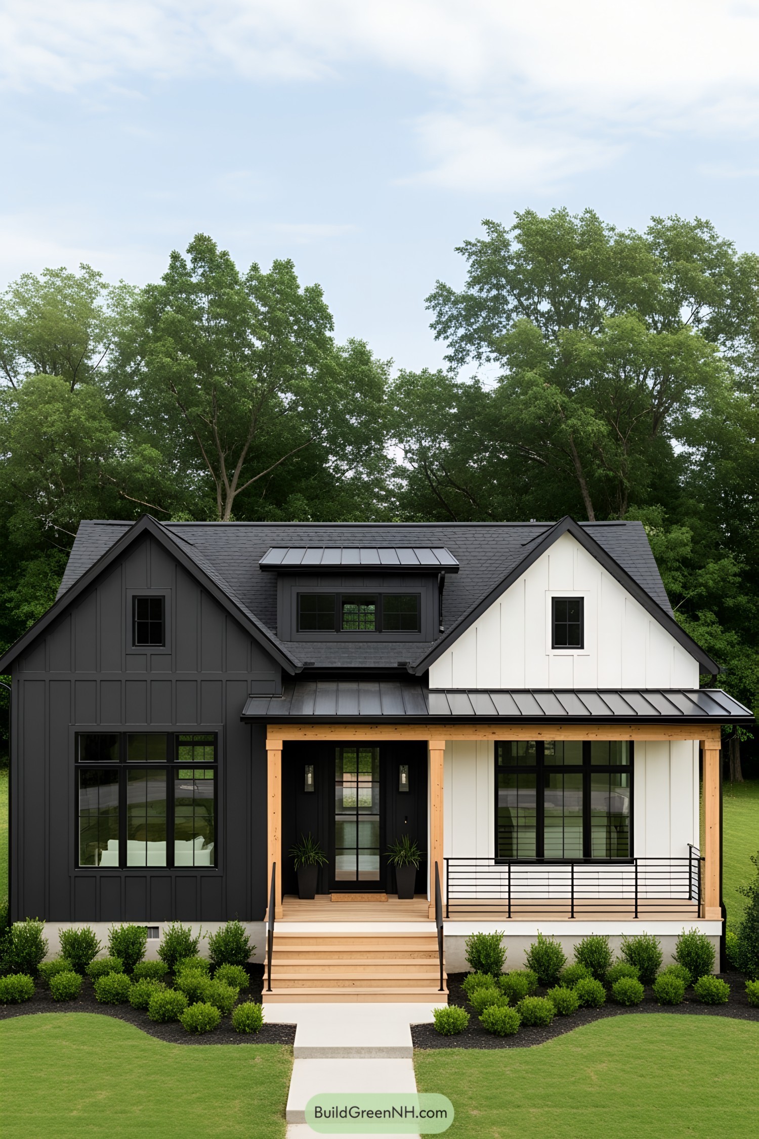 Black and white bungalow farmhouse with lush greenery