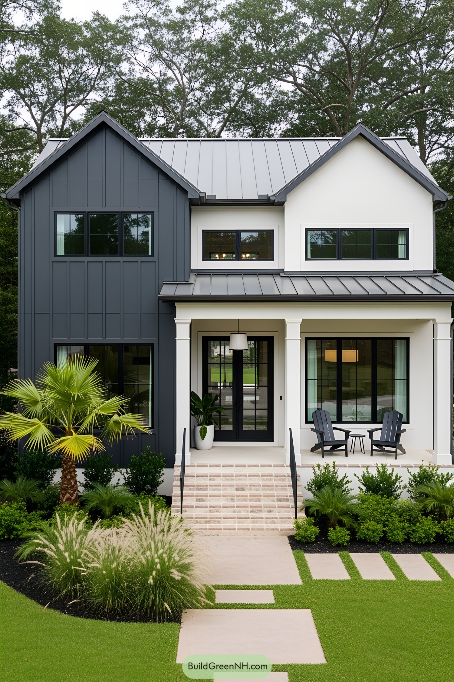 Elegant modern farmhouse with a dark and white facade