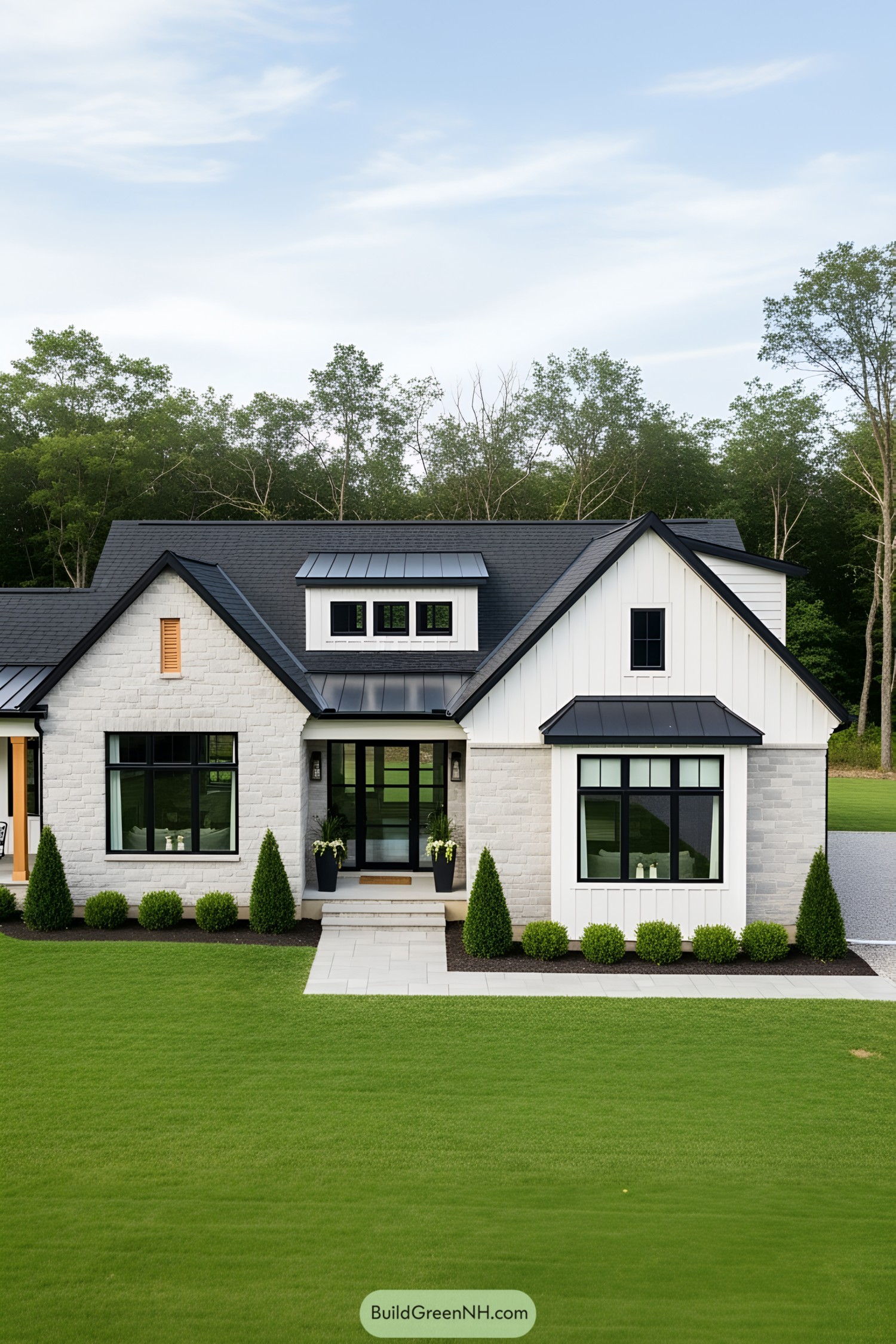 Charming farmhouse with modern design elements and lush greenery