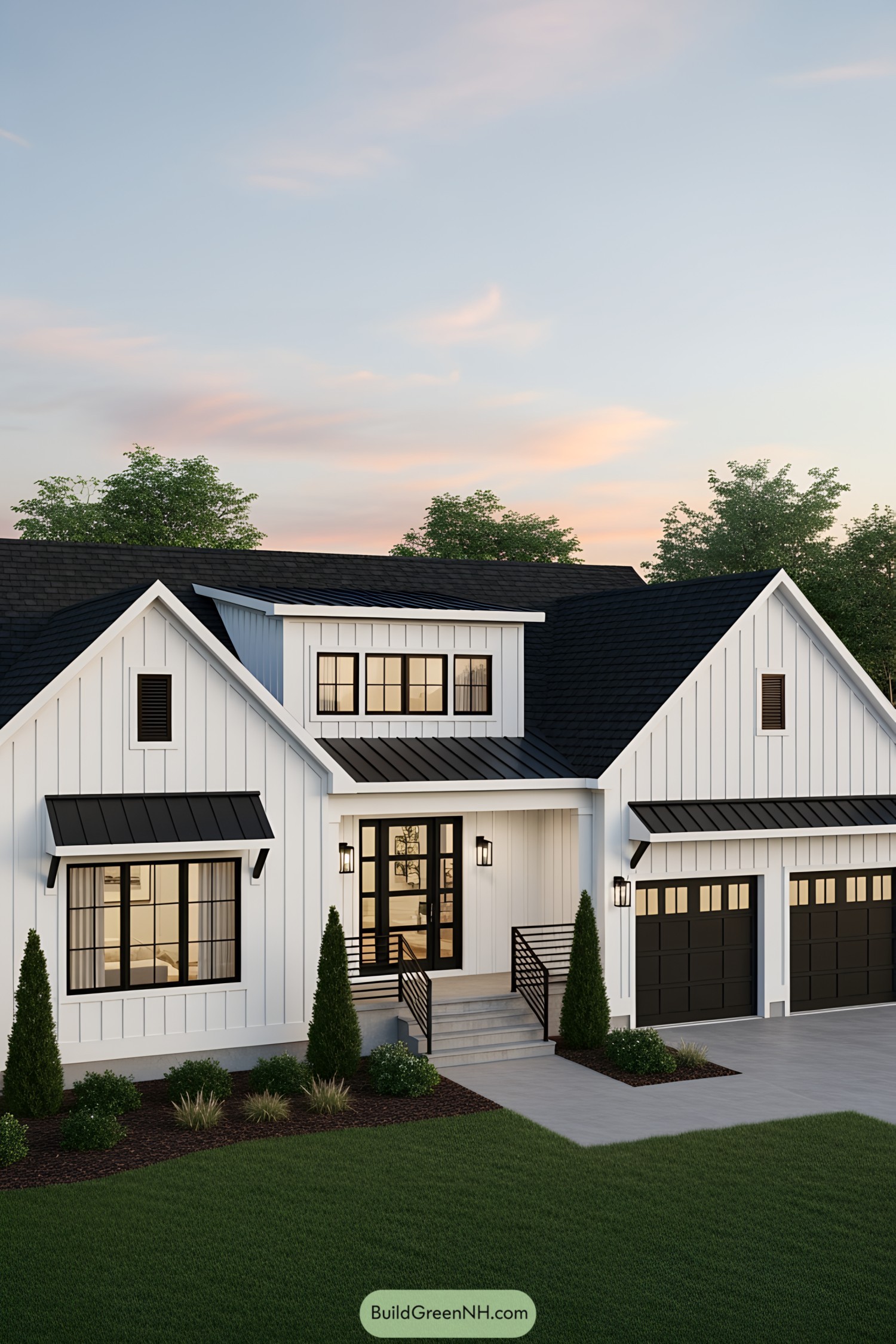 White farmhouse with black accents and a spacious garage