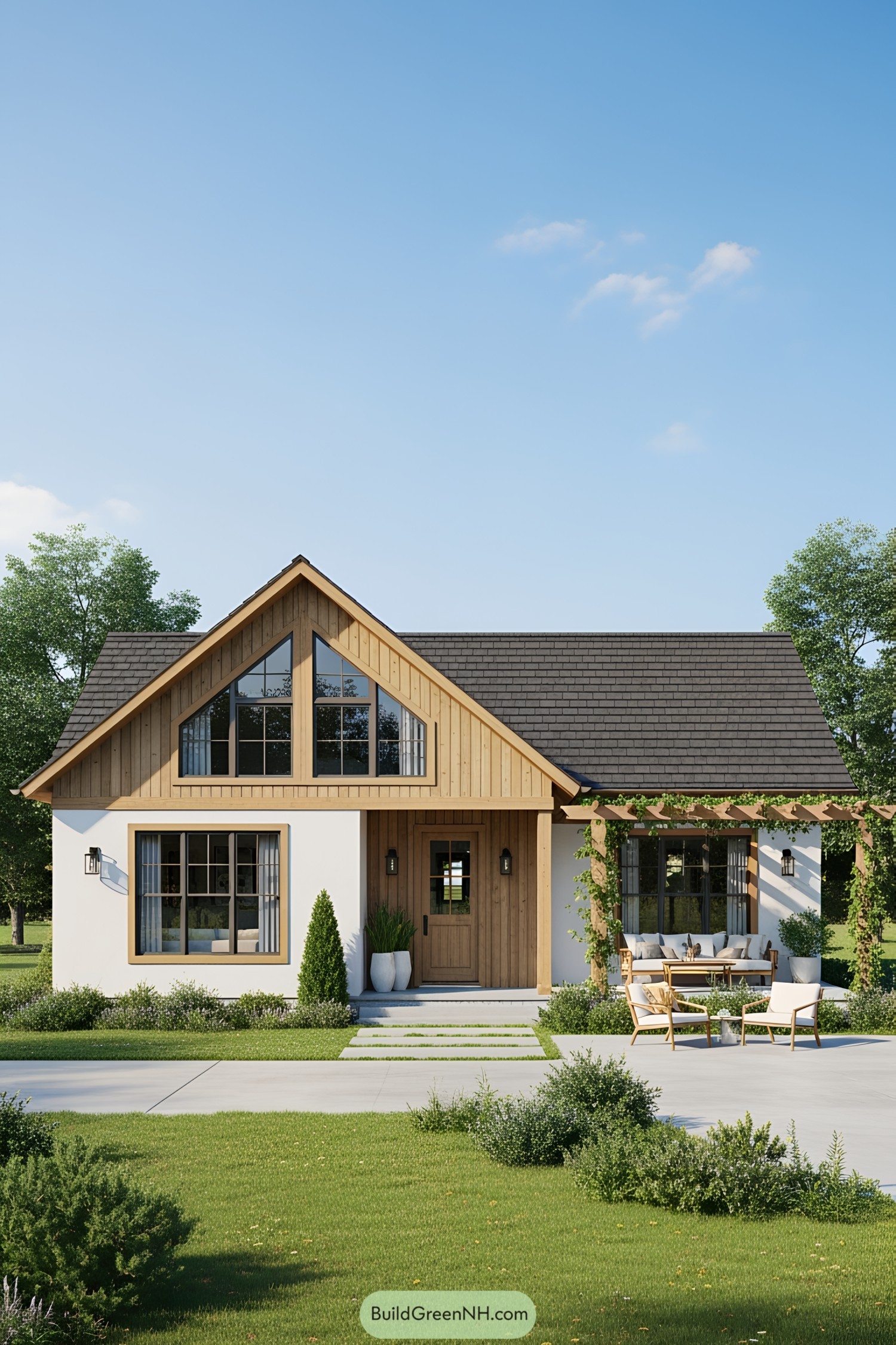 Stylish bungalow farmhouse with a welcoming porch