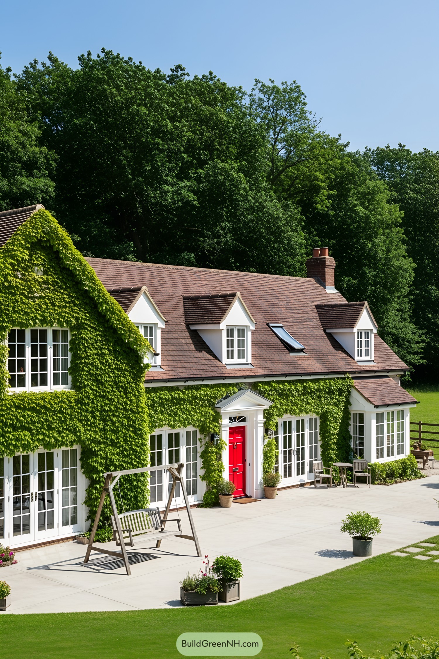 Charming farmhouse with ivy-covered walls and a bright red door