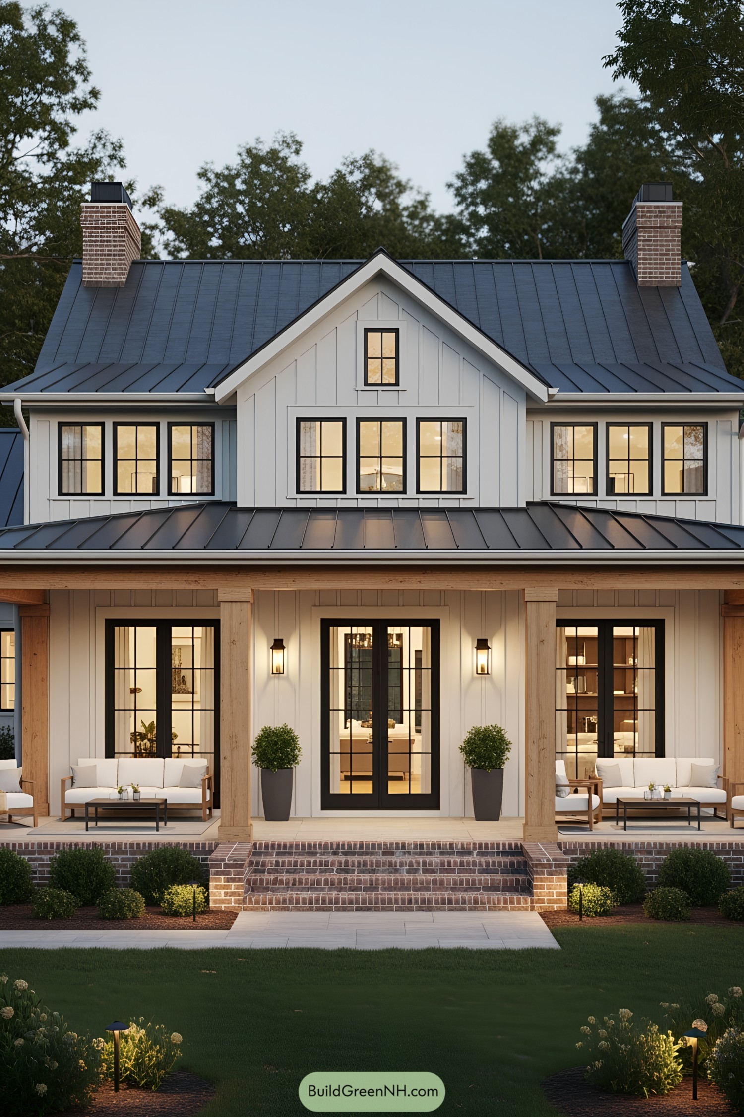 Charming bungalow farmhouse with large porch and glowing windows