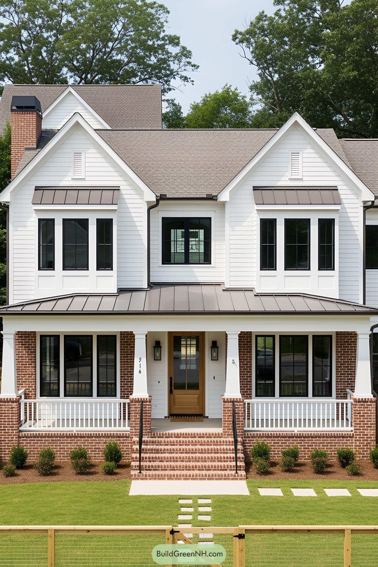 Two-Story Farmhouse with Brick and Wood Elements