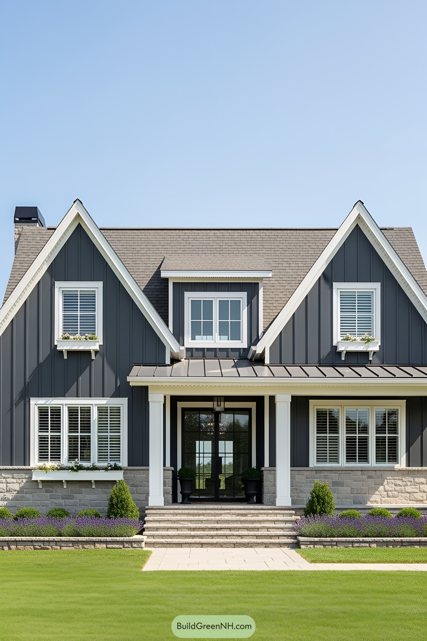 Modern farmhouse with a gabled roof and flower boxes