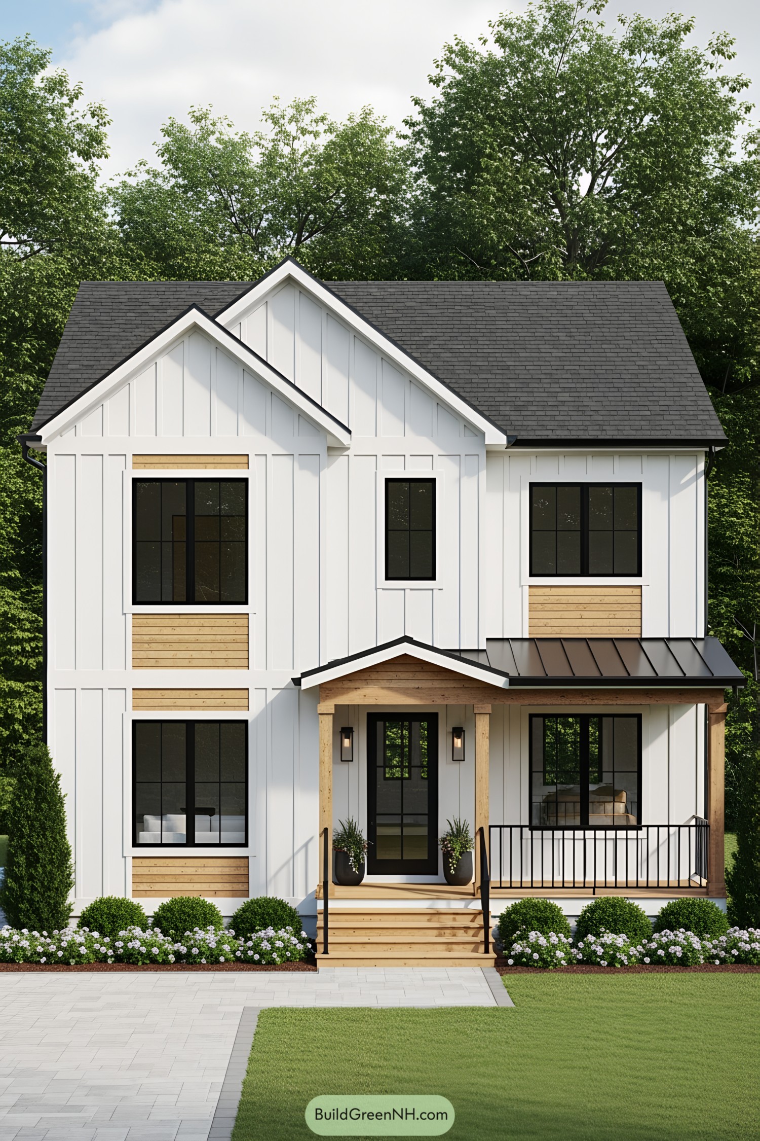 White bungalow farmhouse with black windows and wooden accents