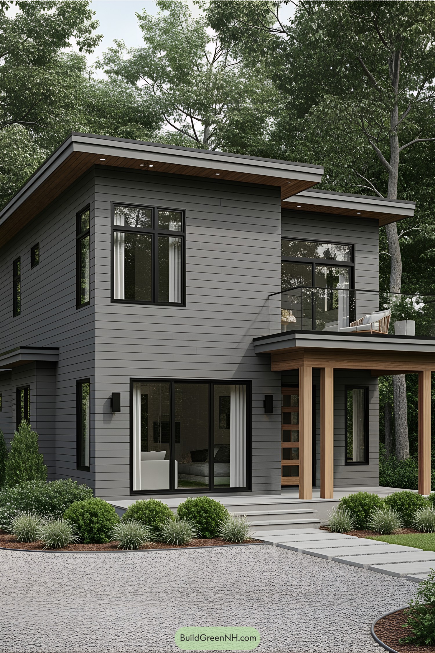 Modern compact house surrounded by lush trees