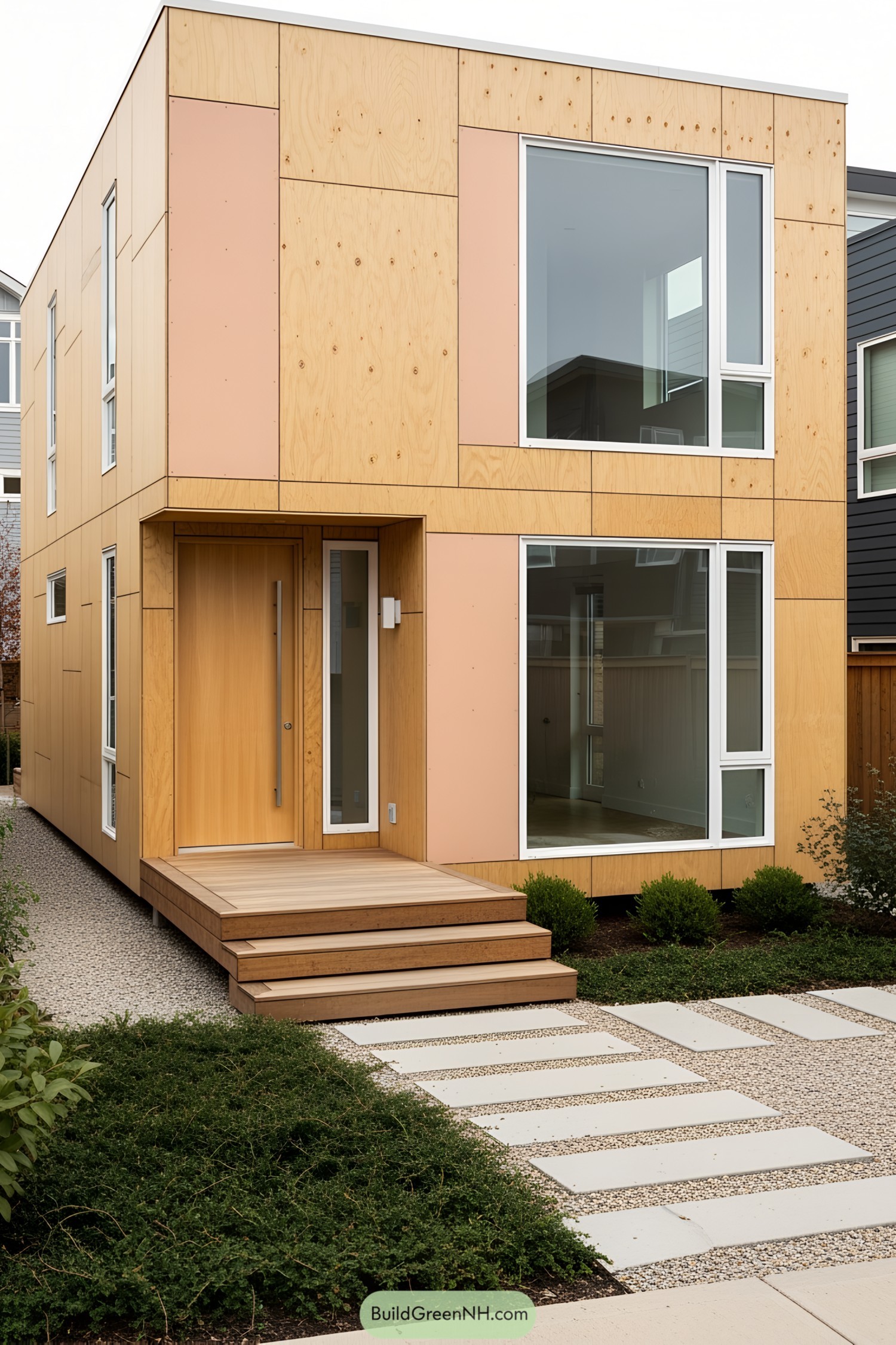 Modern compact wooden house with large windows