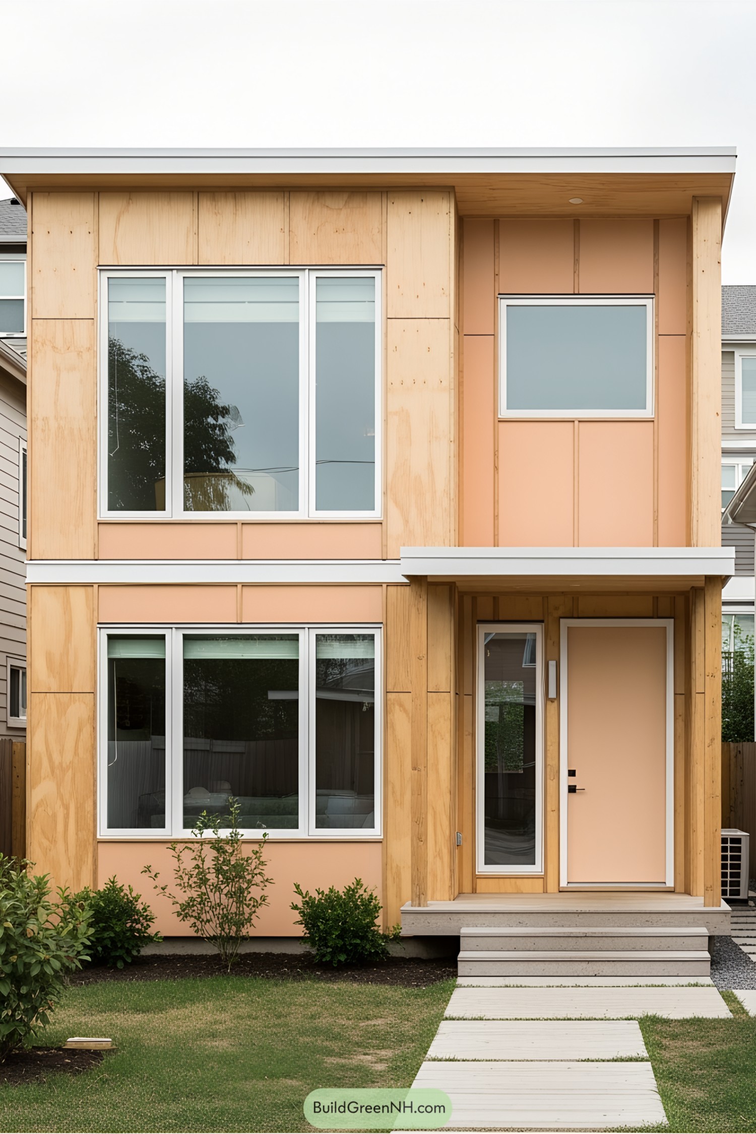 Compact modern house with large windows and wooden exterior