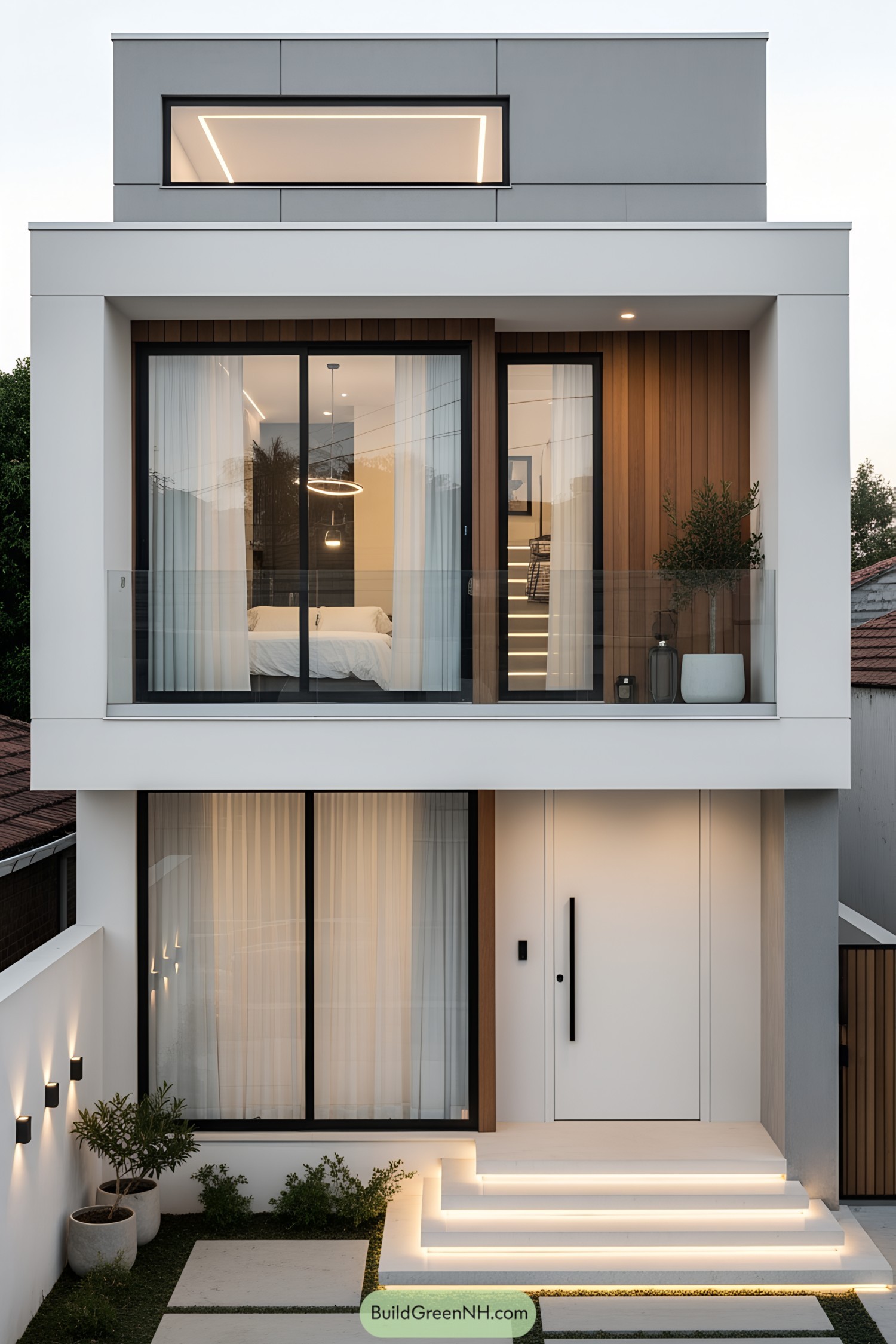 Modern compact house with wooden accents and large windows