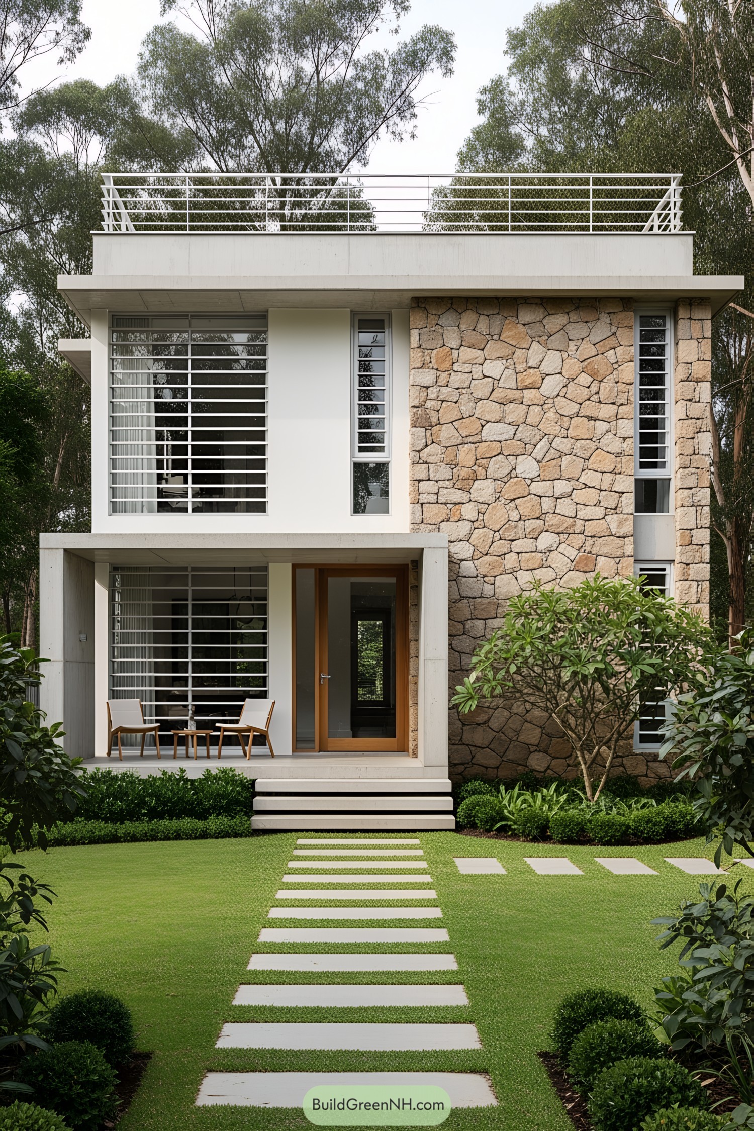 Contemporary two-story house with a stone facade and lush lawn