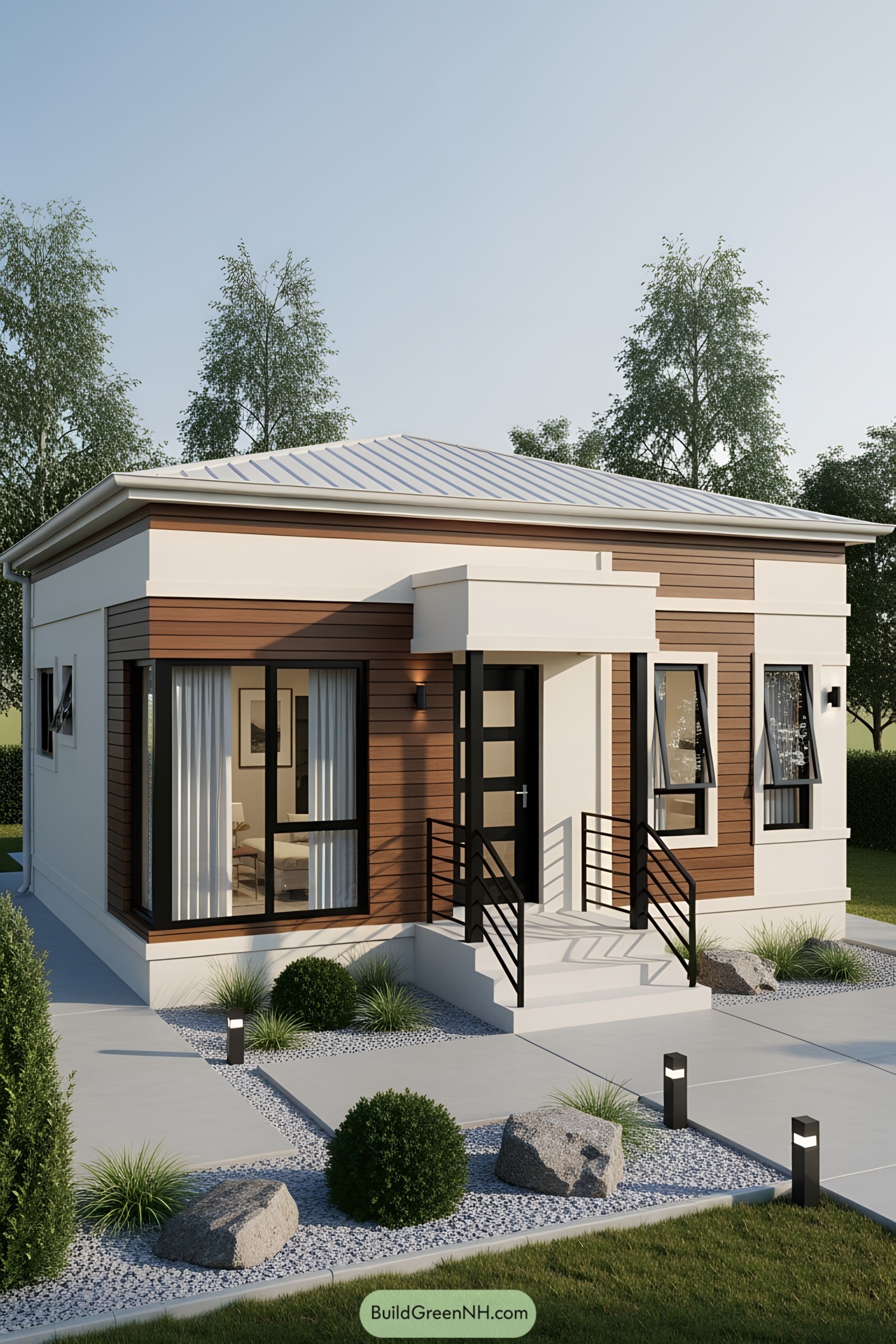 Modern compact house with wood and white exterior