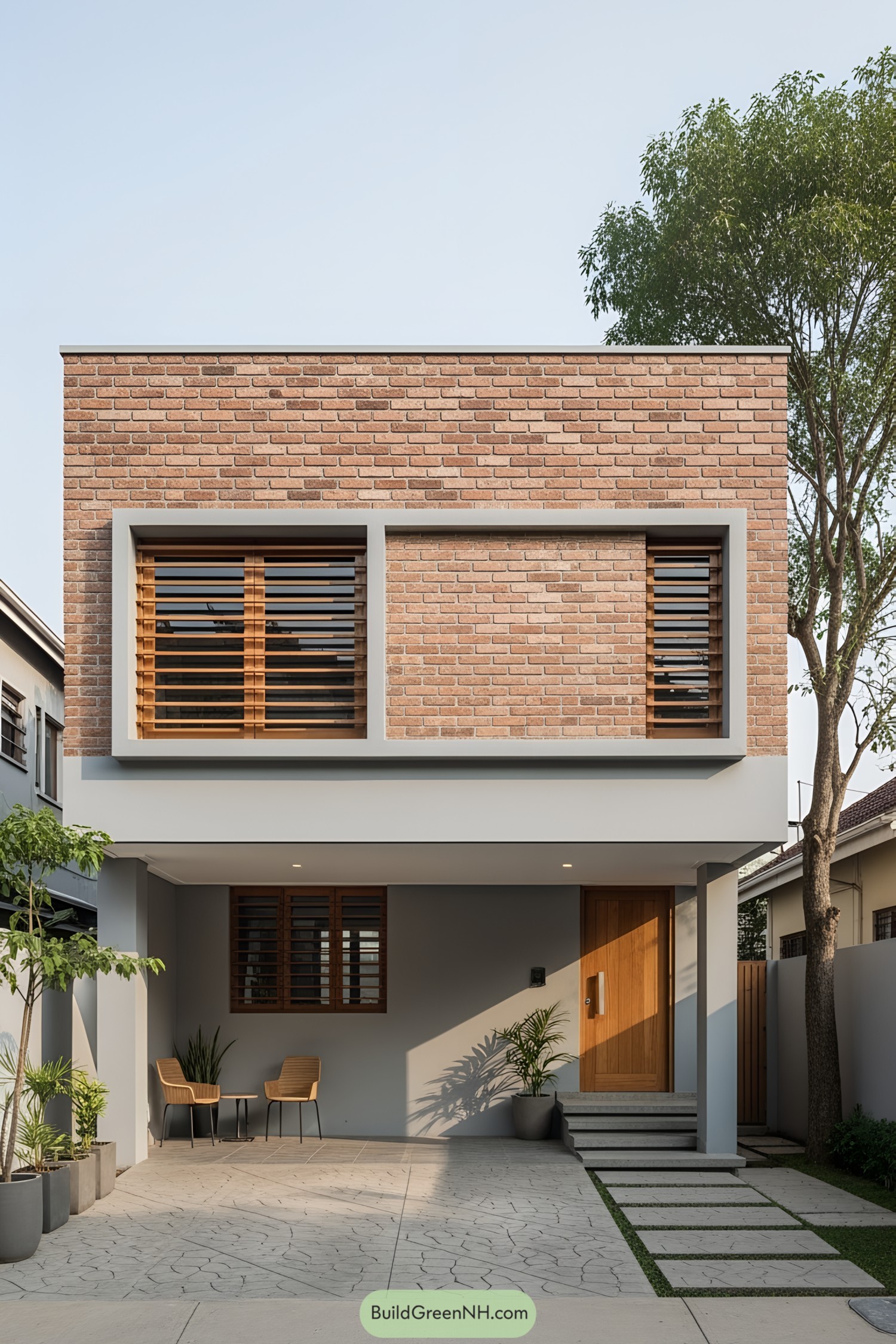 A compact brick house with a modern design and cozy patio