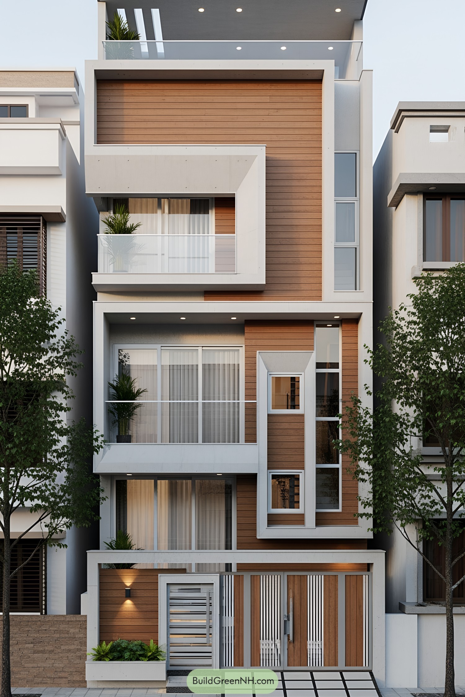A modern, multi-story compact house with wood paneling and large windows