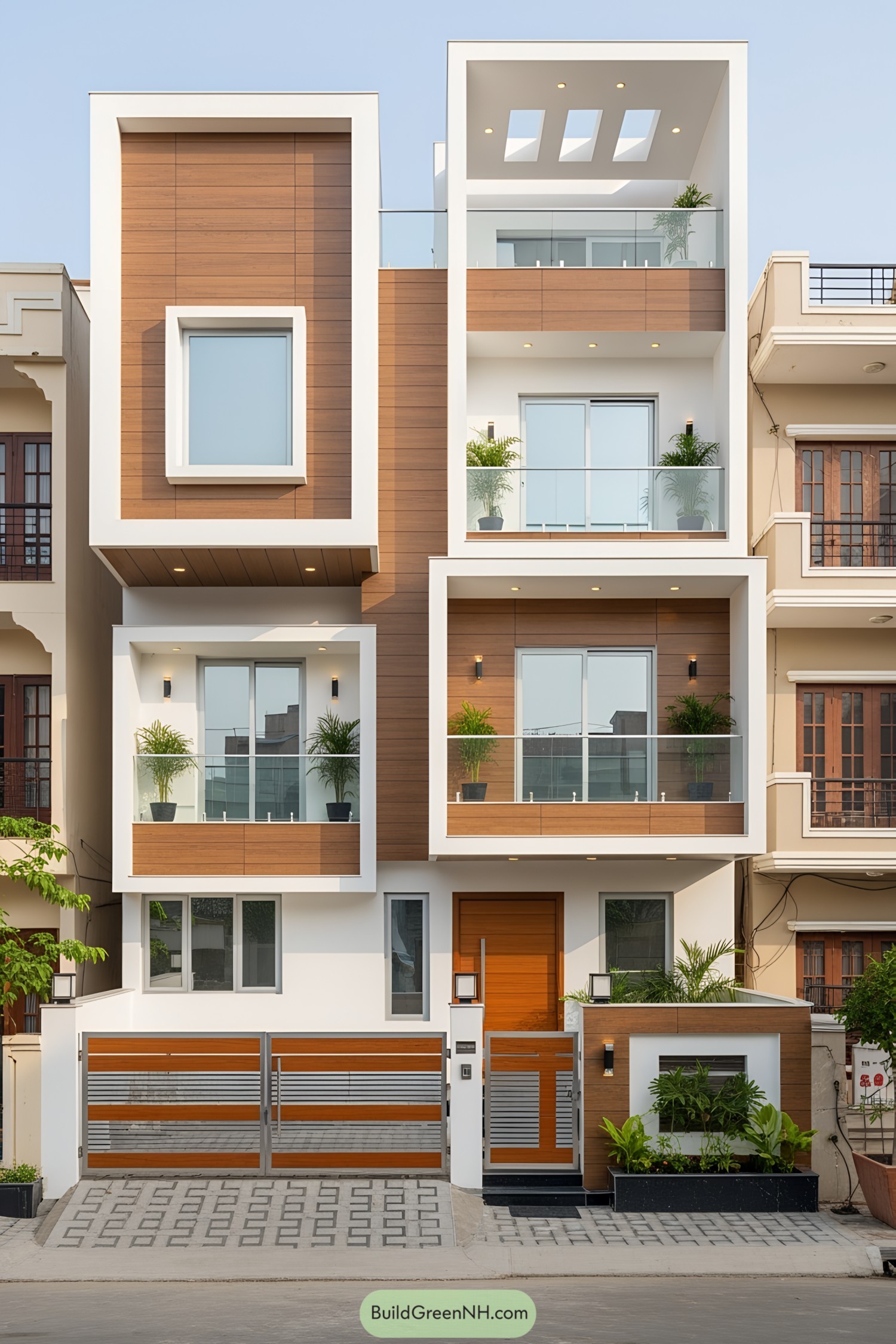 Modern, compact house with balconies and wood accents