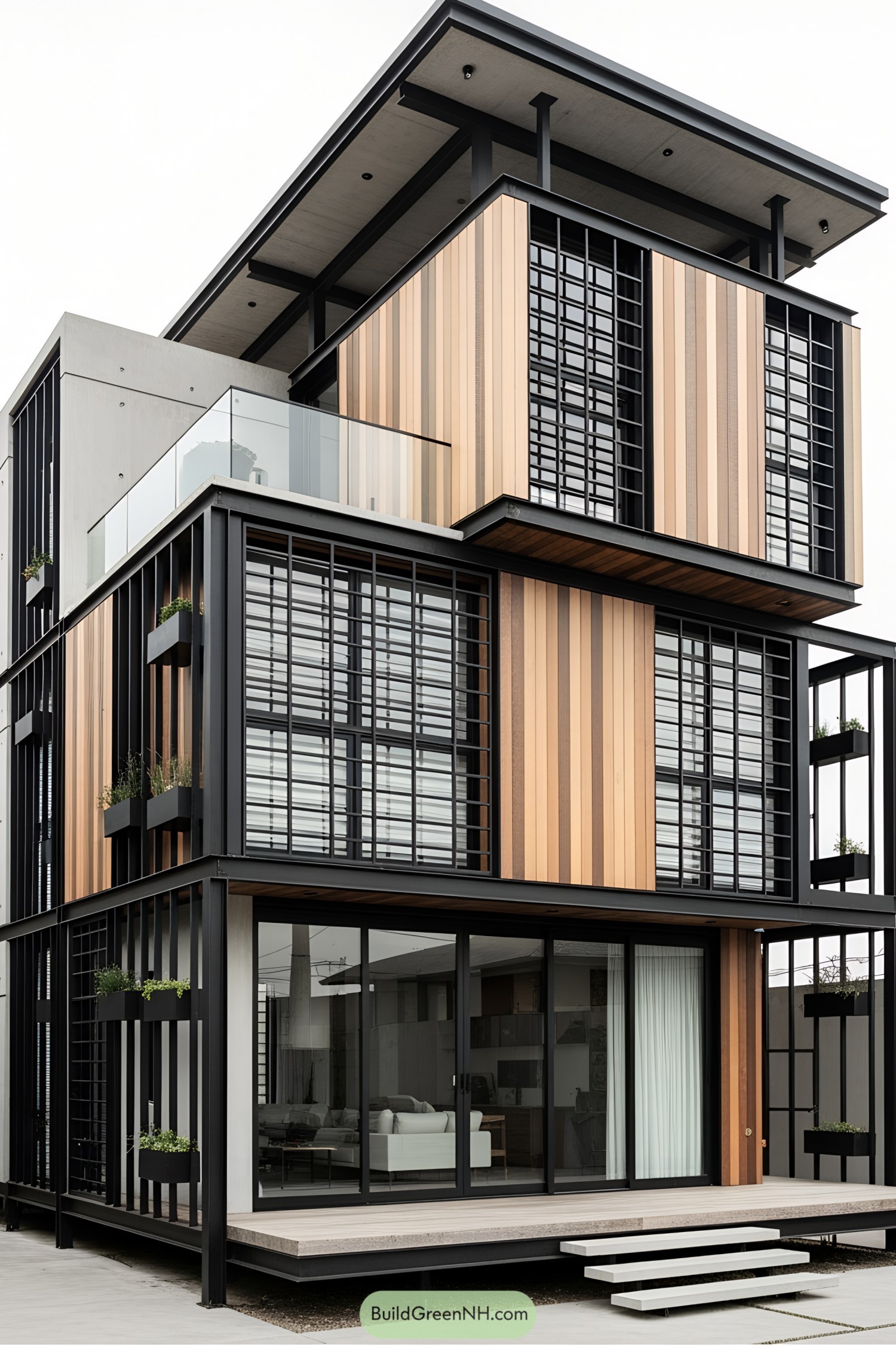 Compact modern house with wooden accents and large windows