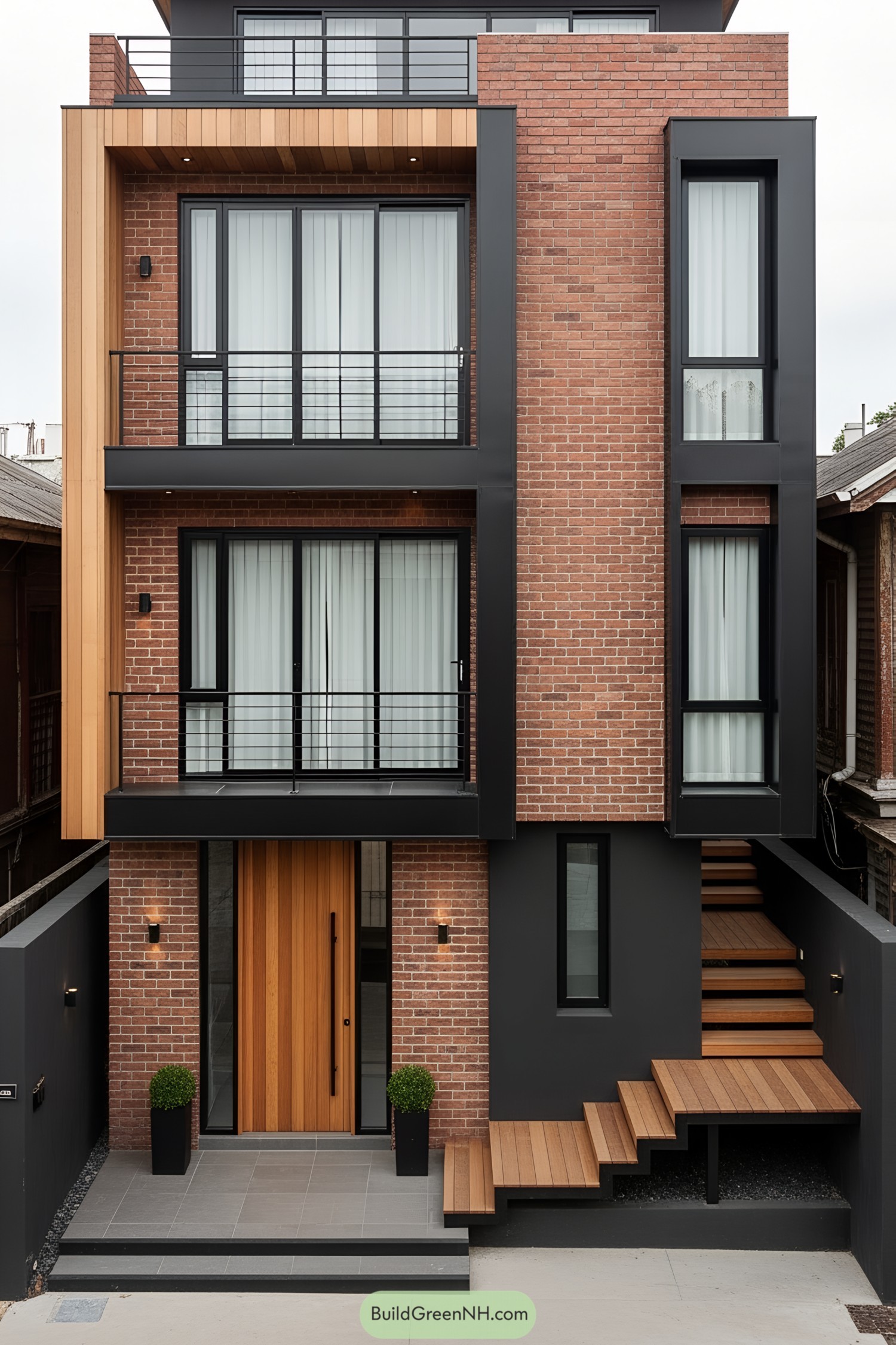 Sleek modern townhouse with brick and wood accents