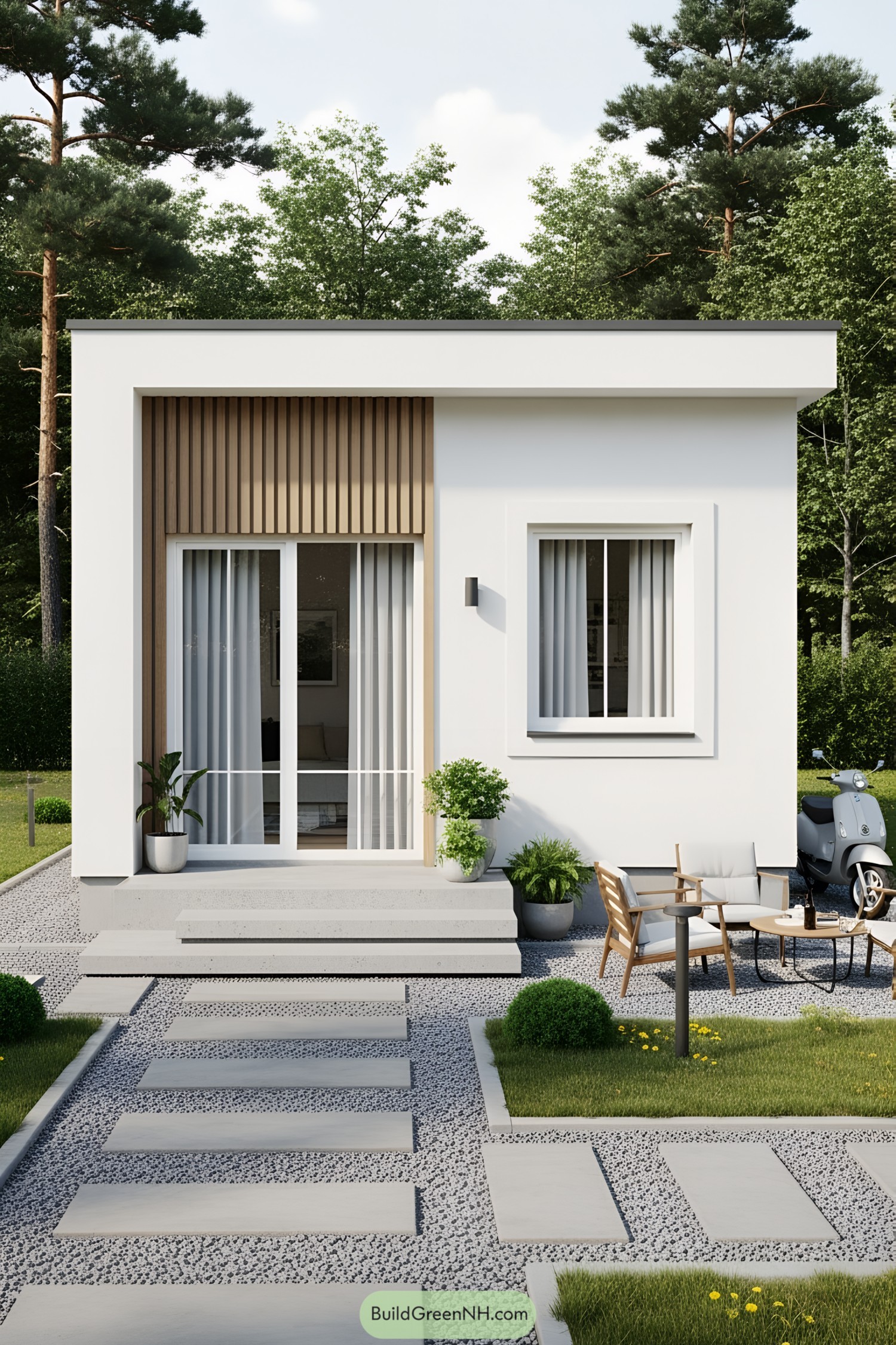 Small modern house with patio and stepping stones