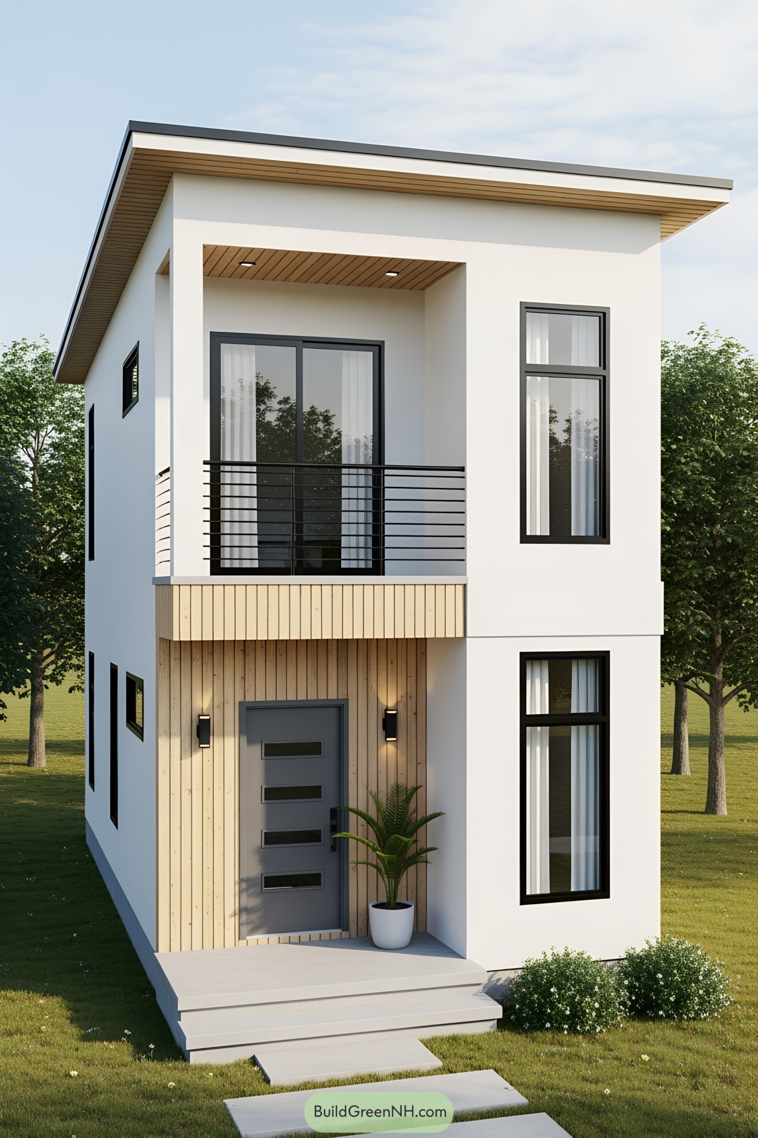 Modern, compact house with large windows