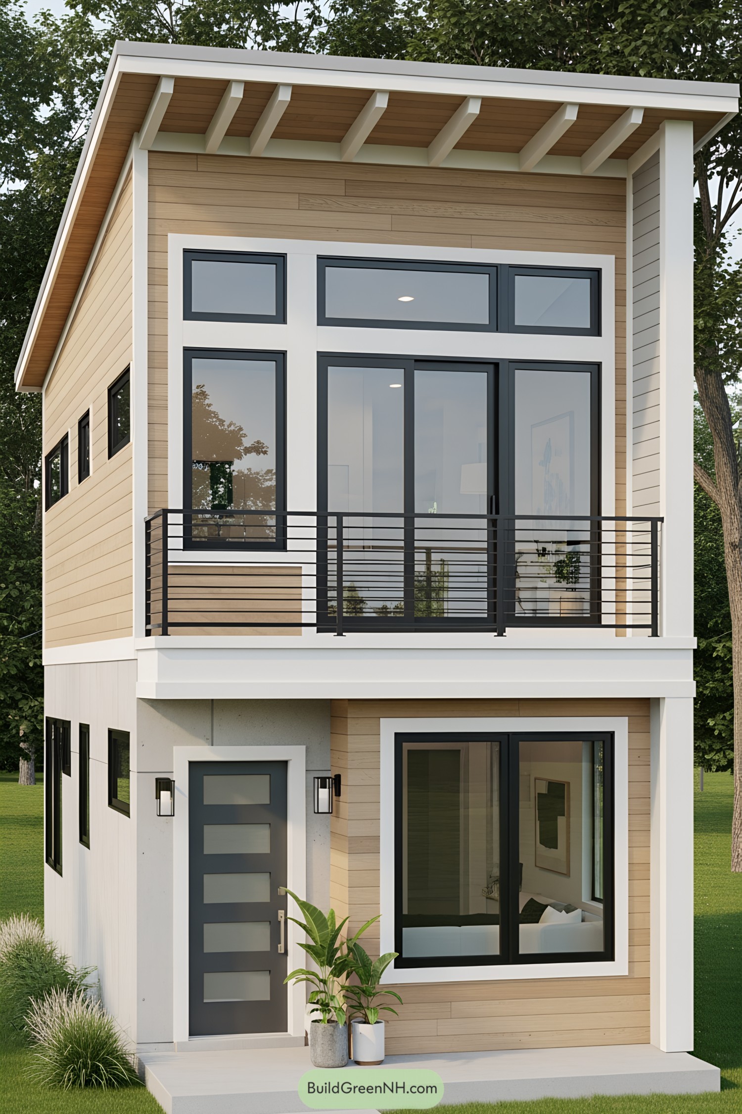 Two-story compact house with large windows