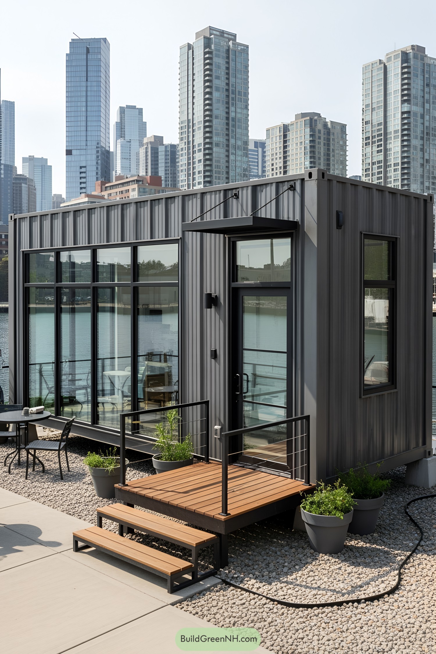 Compact container studio with a city skyline backdrop