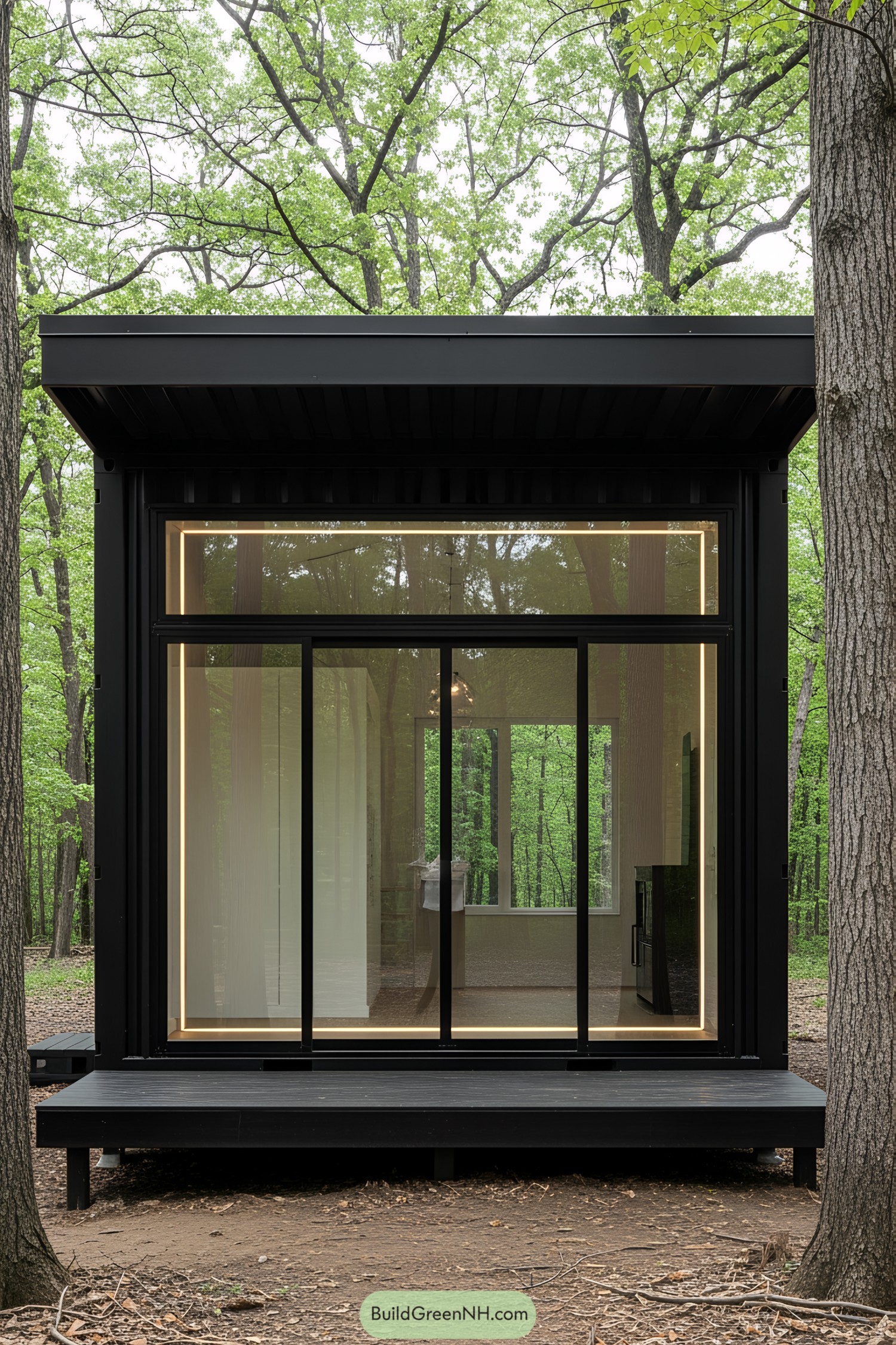 A sleek black container studio in the woods with large windows