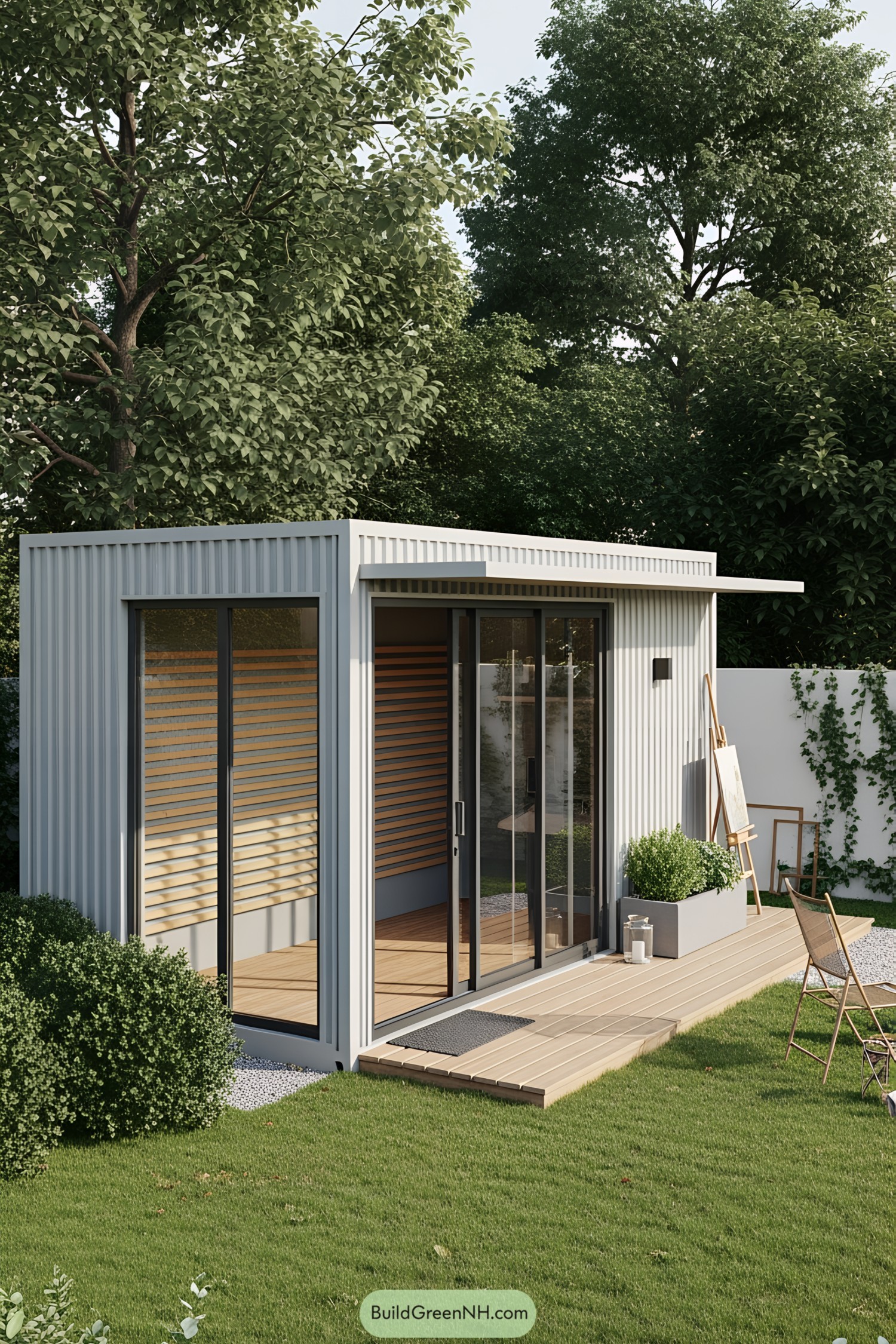 Compact modern container studio with greenery