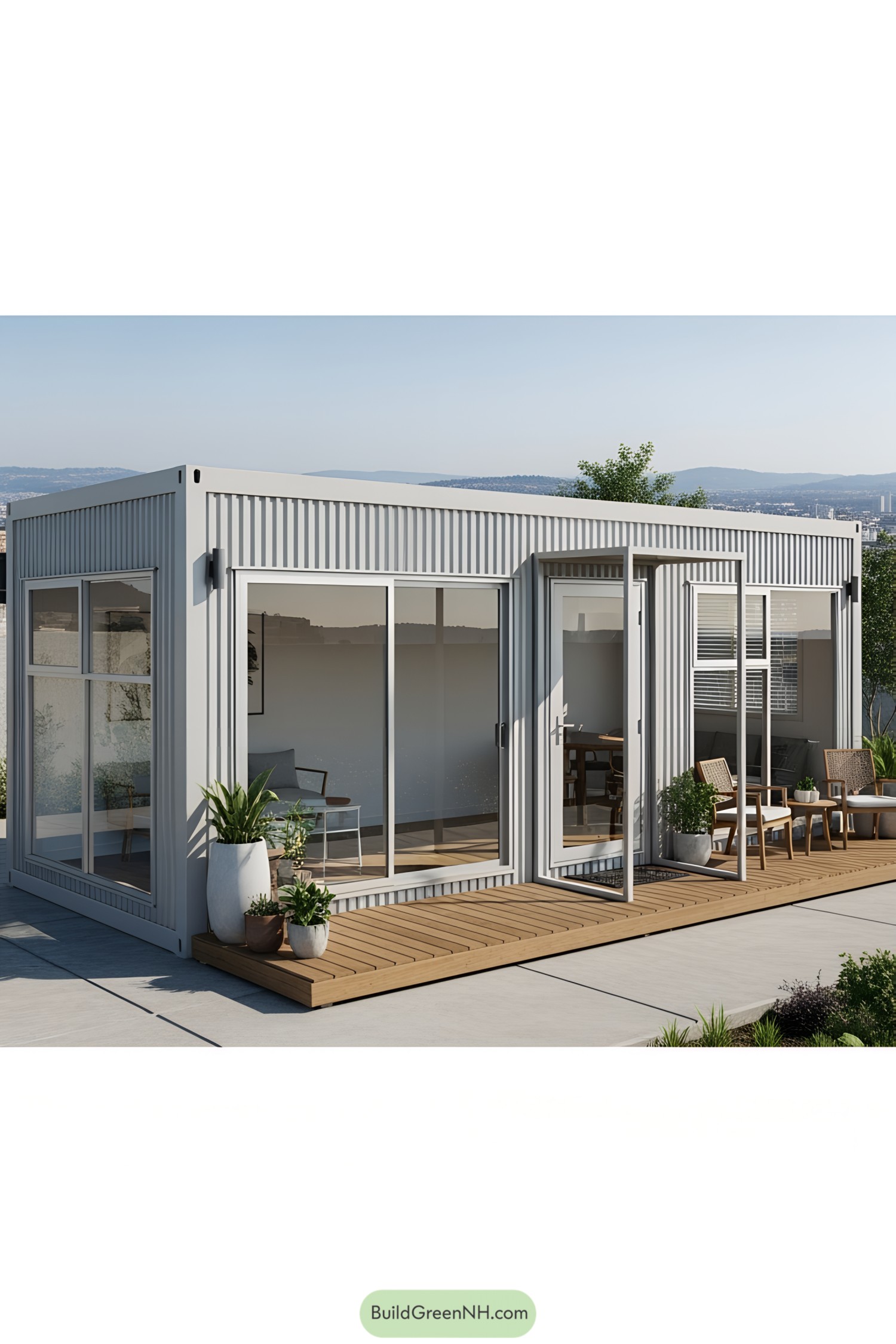 Modern container studio with large glass windows and wooden deck