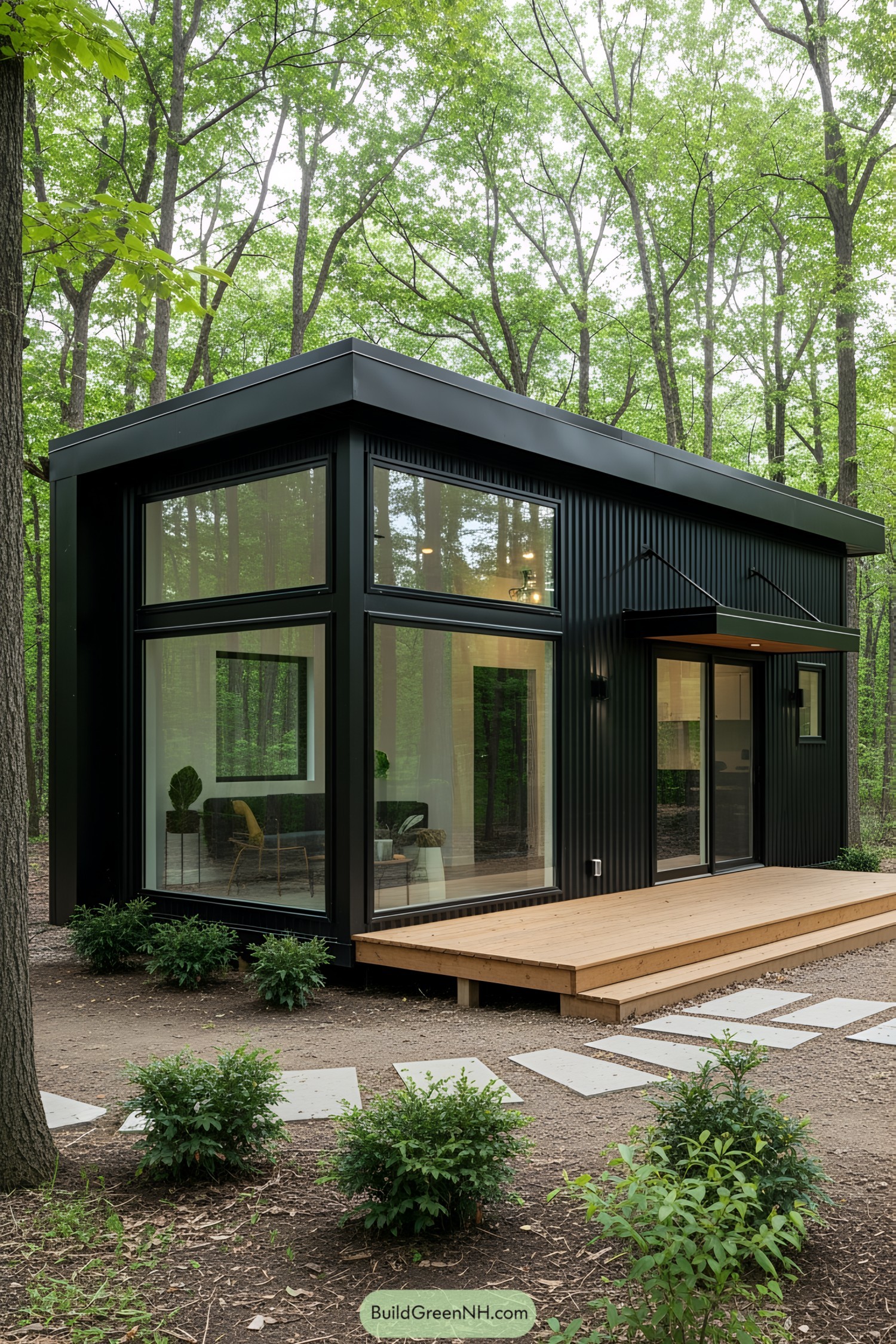 A black container studio nestled in a forest with large glass windows