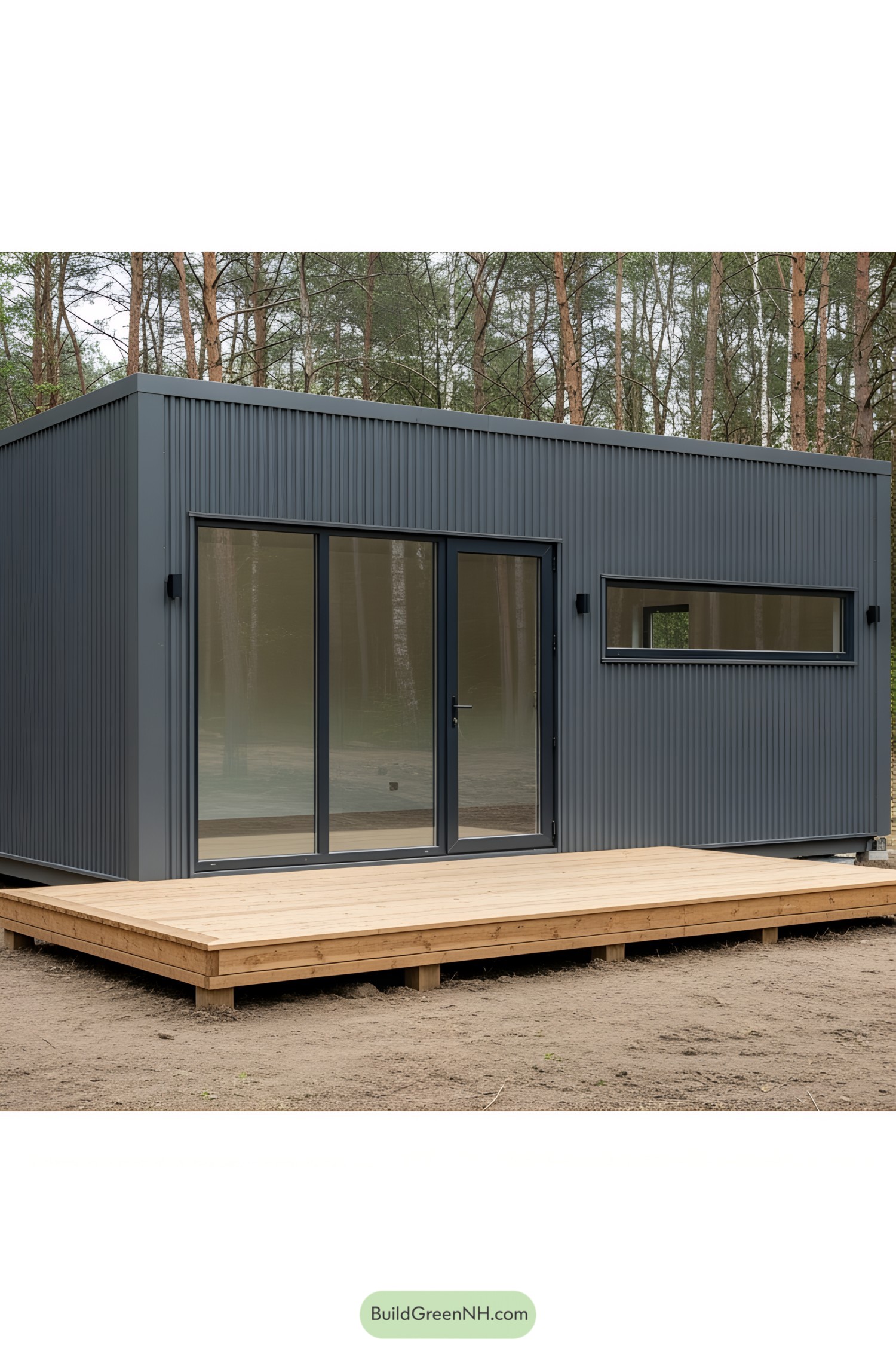 Small, modern container studio with a wooden deck in a forest setting