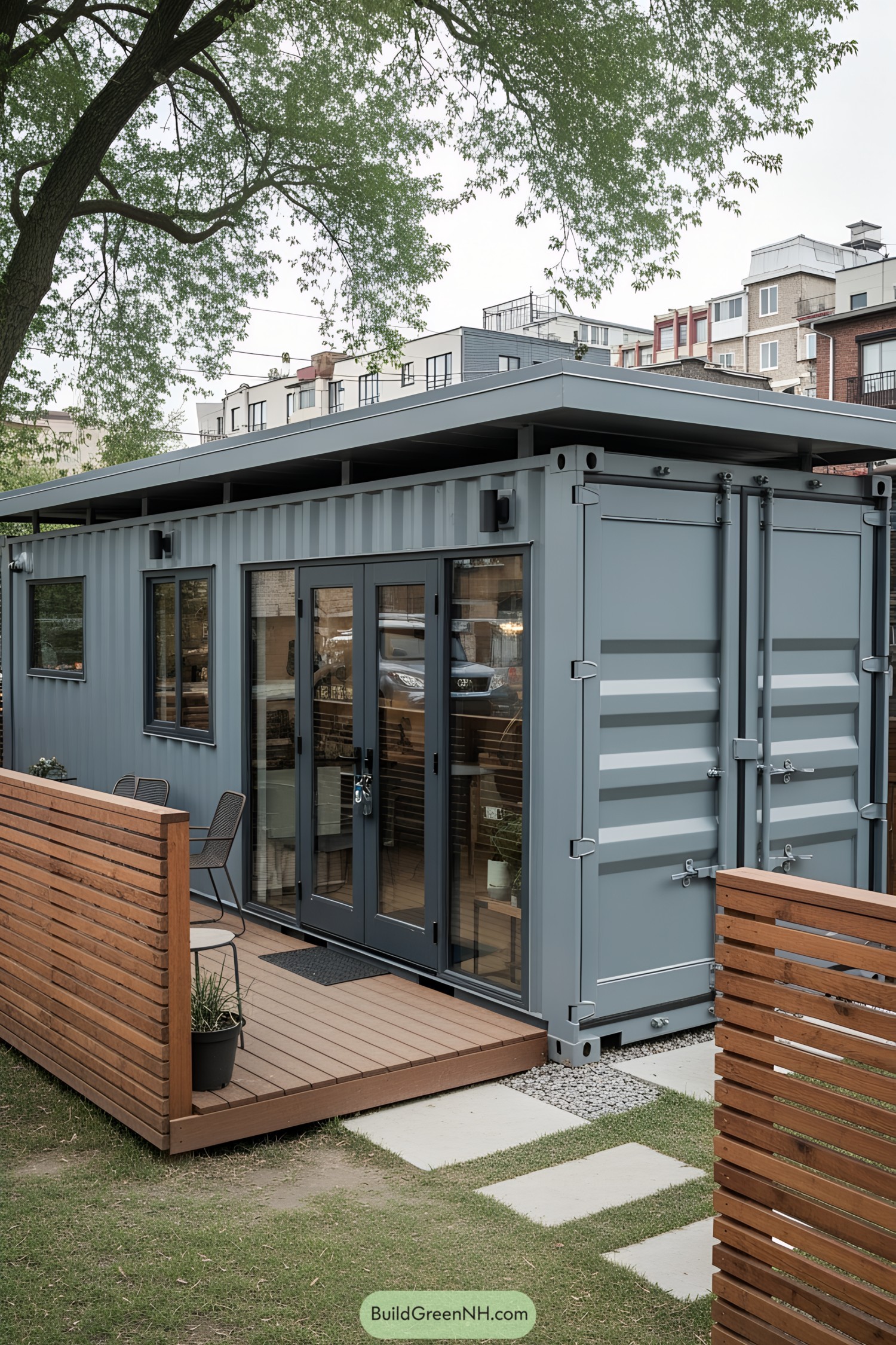 Cozy container house with a wooden patio and large windows