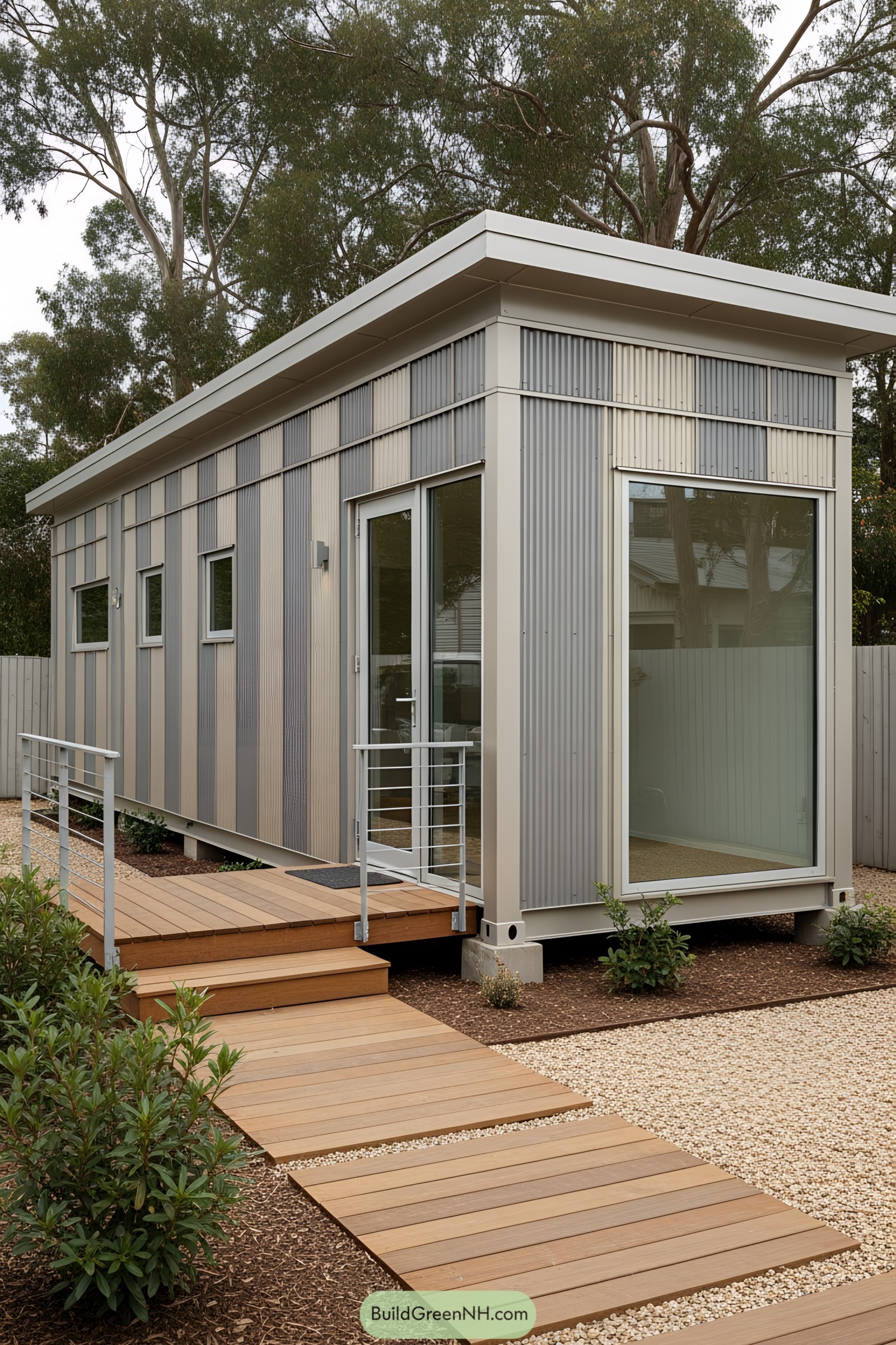 Compact studio made from a shipping container with a wooden deck