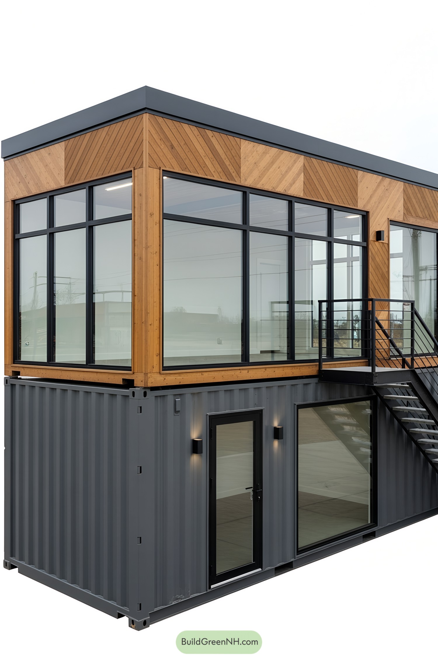 Two-Story Container Studio with Glass and Wood Accents
