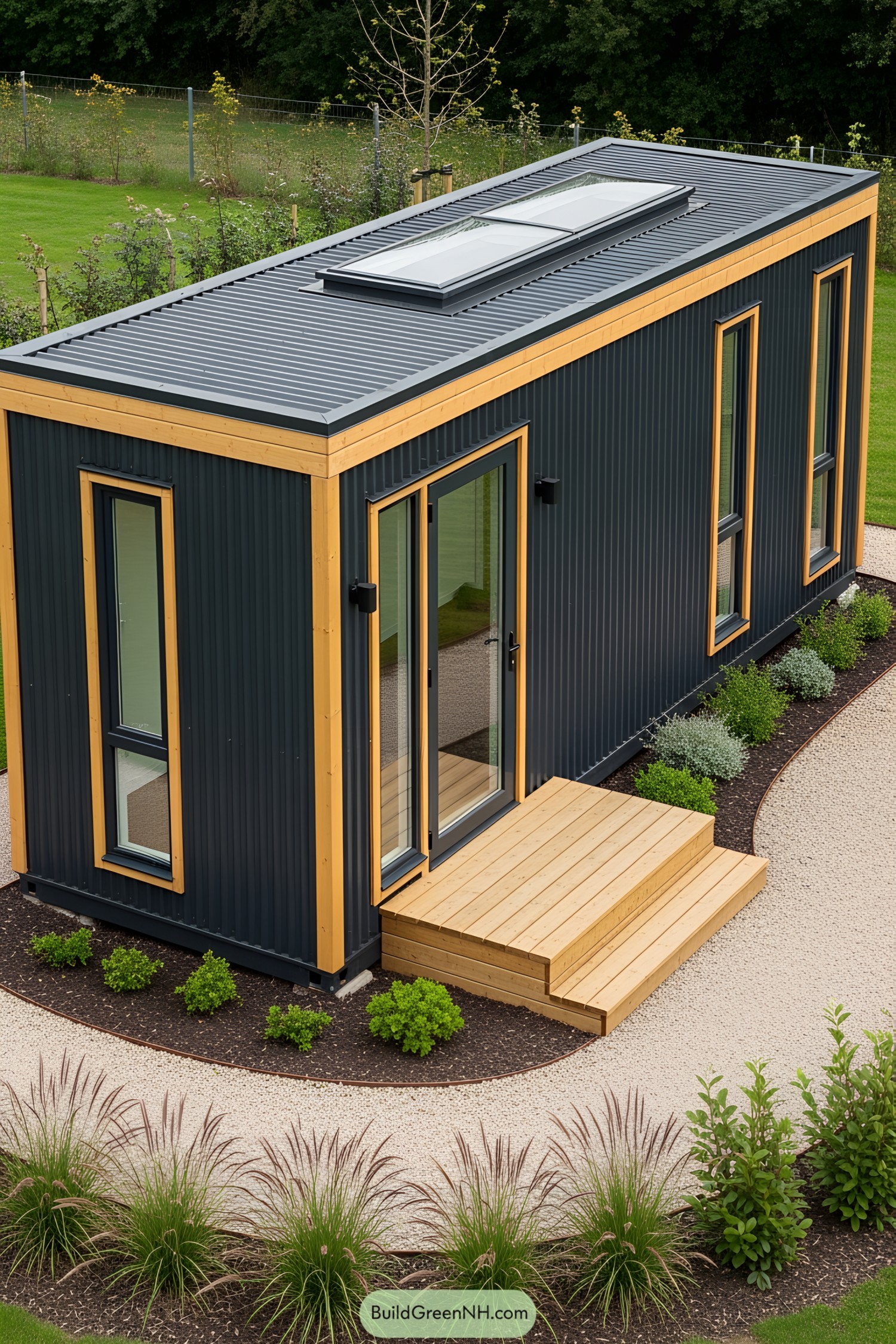 A stylish container studio with wooden accents and a rooftop skylight, surrounded by manicured gardens