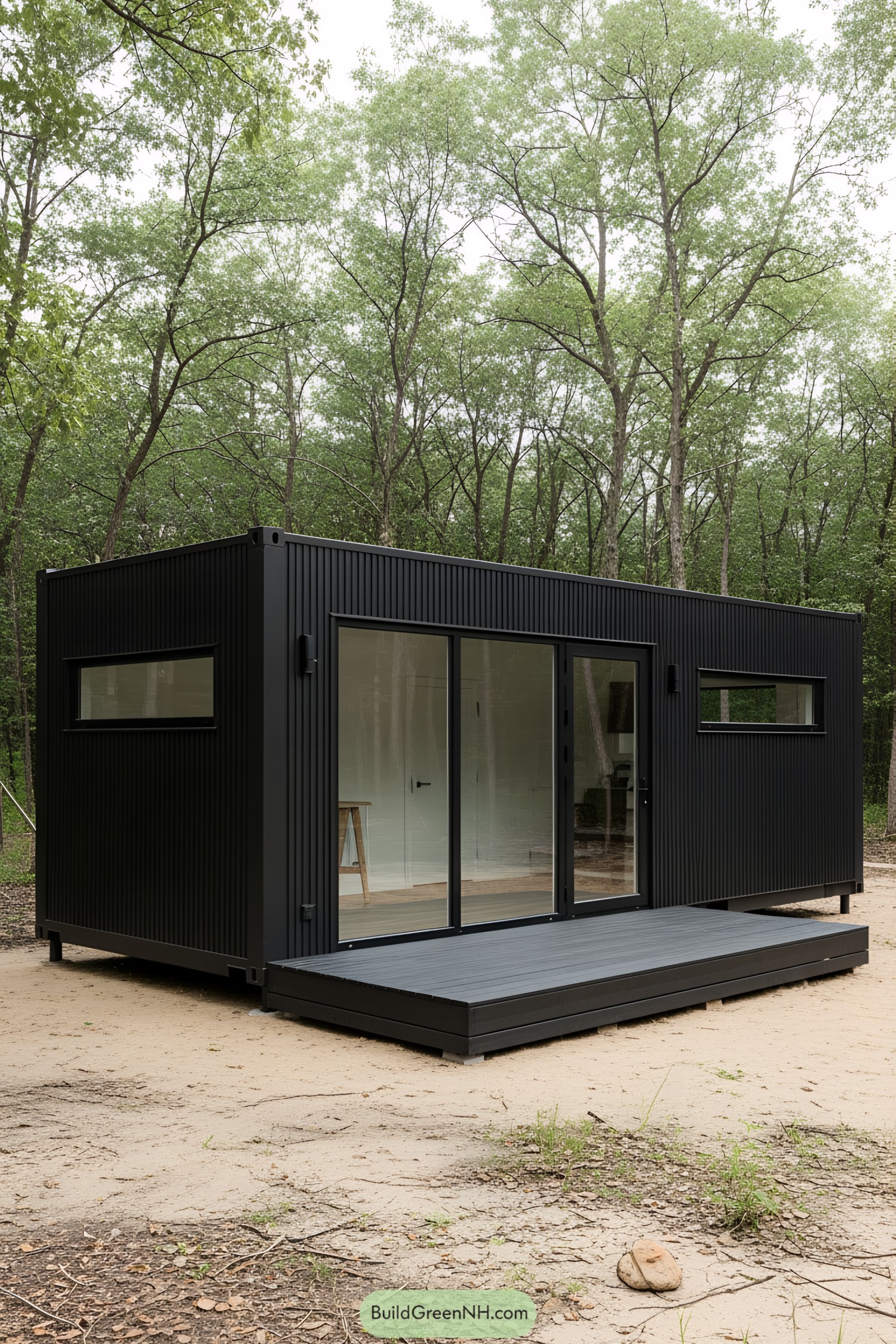 Compact black container studio in a forest setting