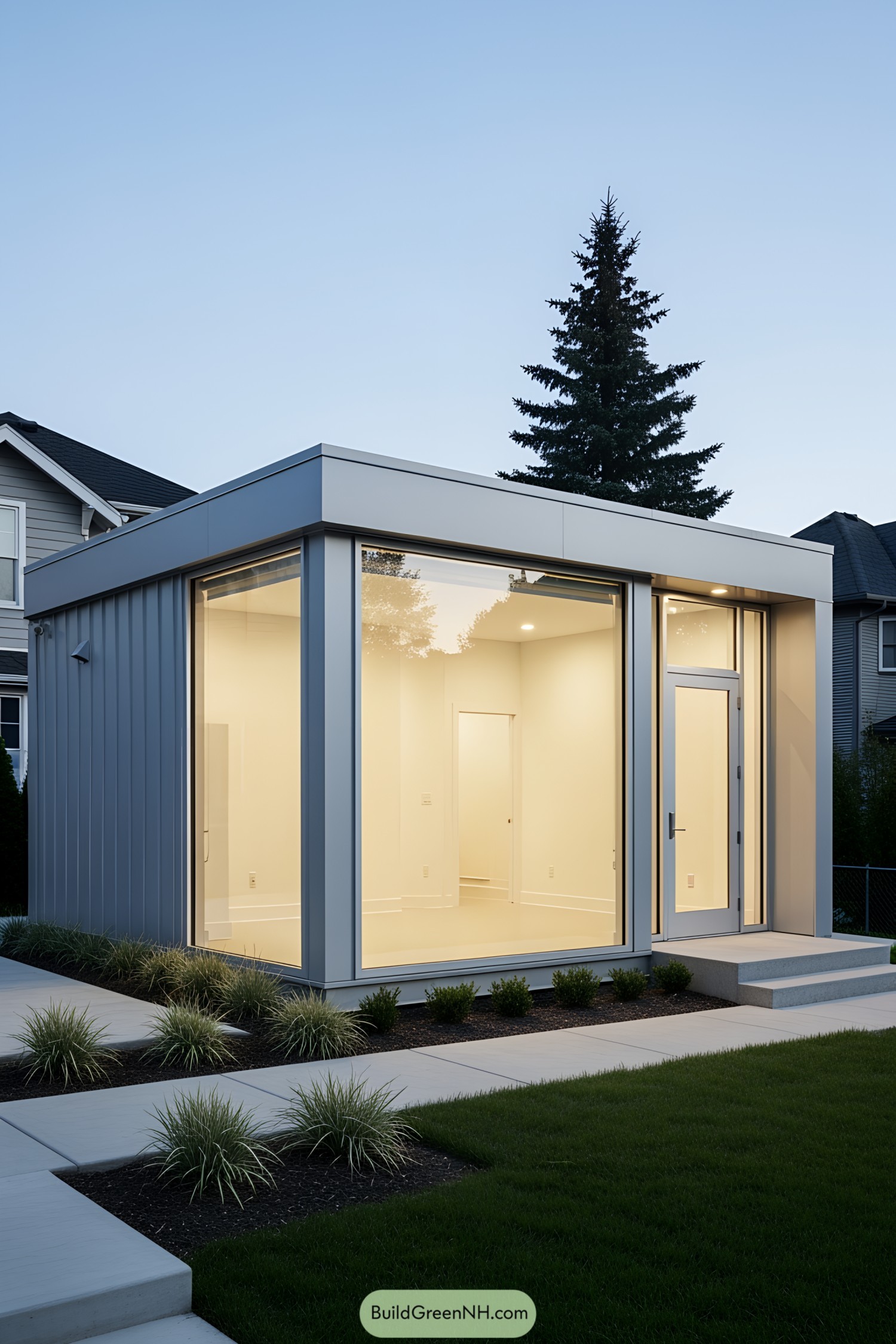 Modern container studio with large windows and sleek design