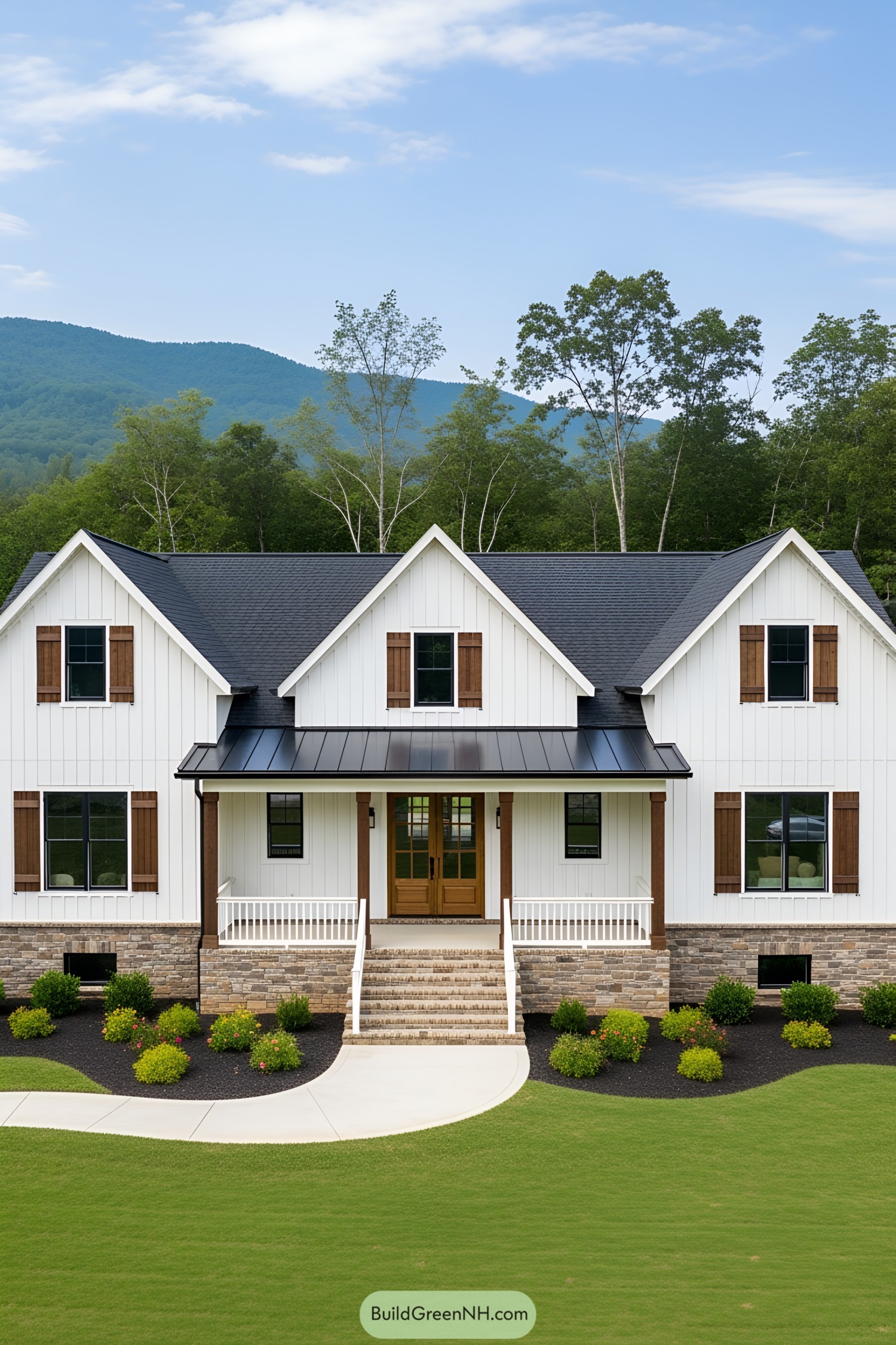 White cottage ranch with a covered porch and charming shutters