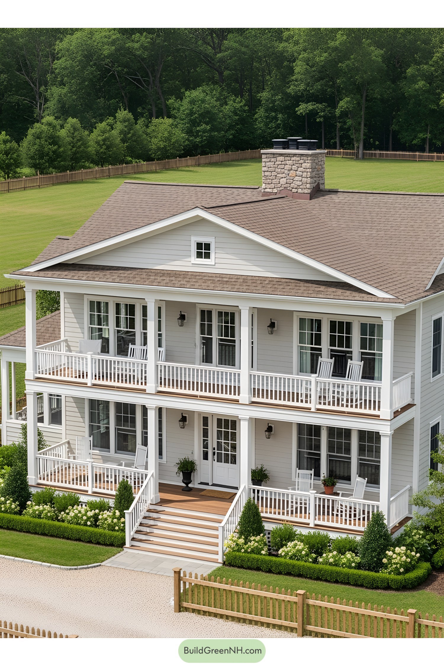 Two-level ranch house with a large front porch and lush surroundings