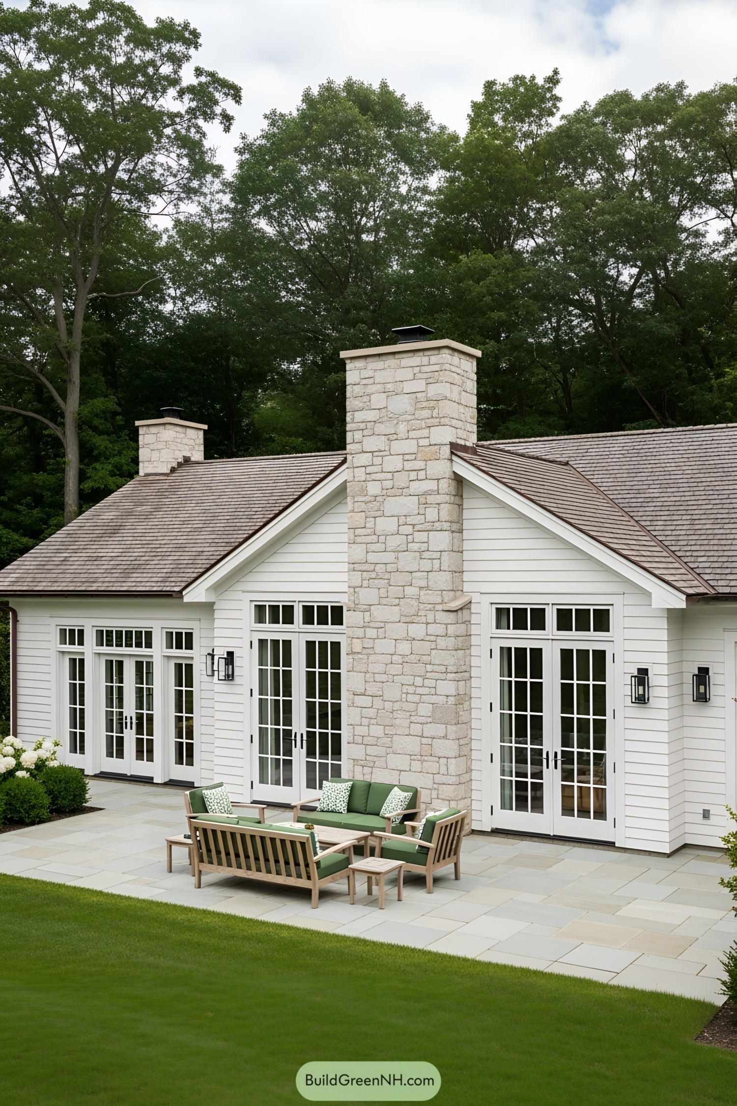 Elegant cottage ranch home with stone chimney