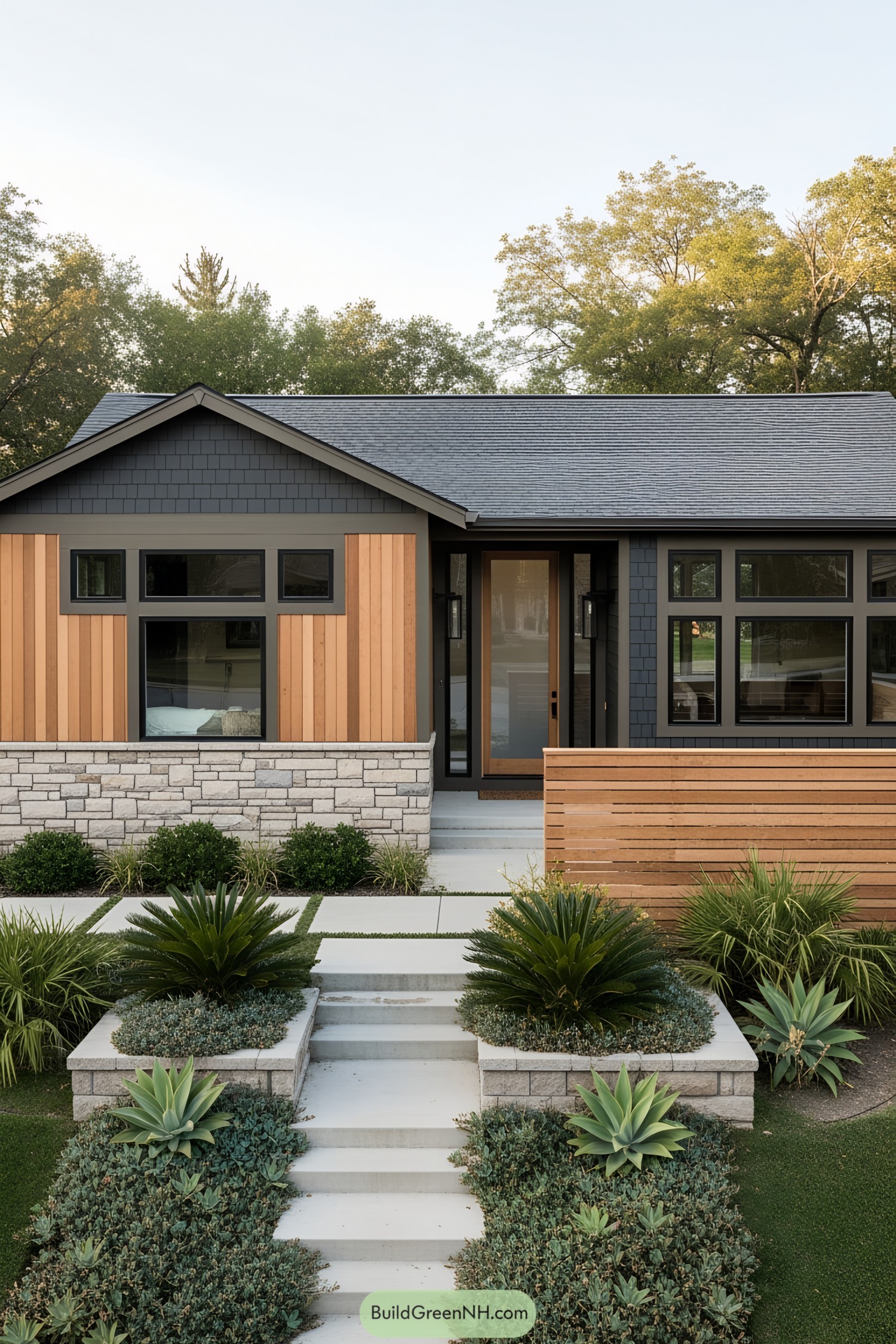 Modern cottage ranch with a mix of wood and stone