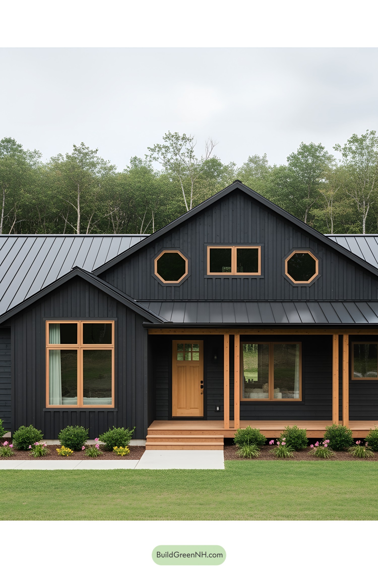 Dark ranch-style house with wooden accents