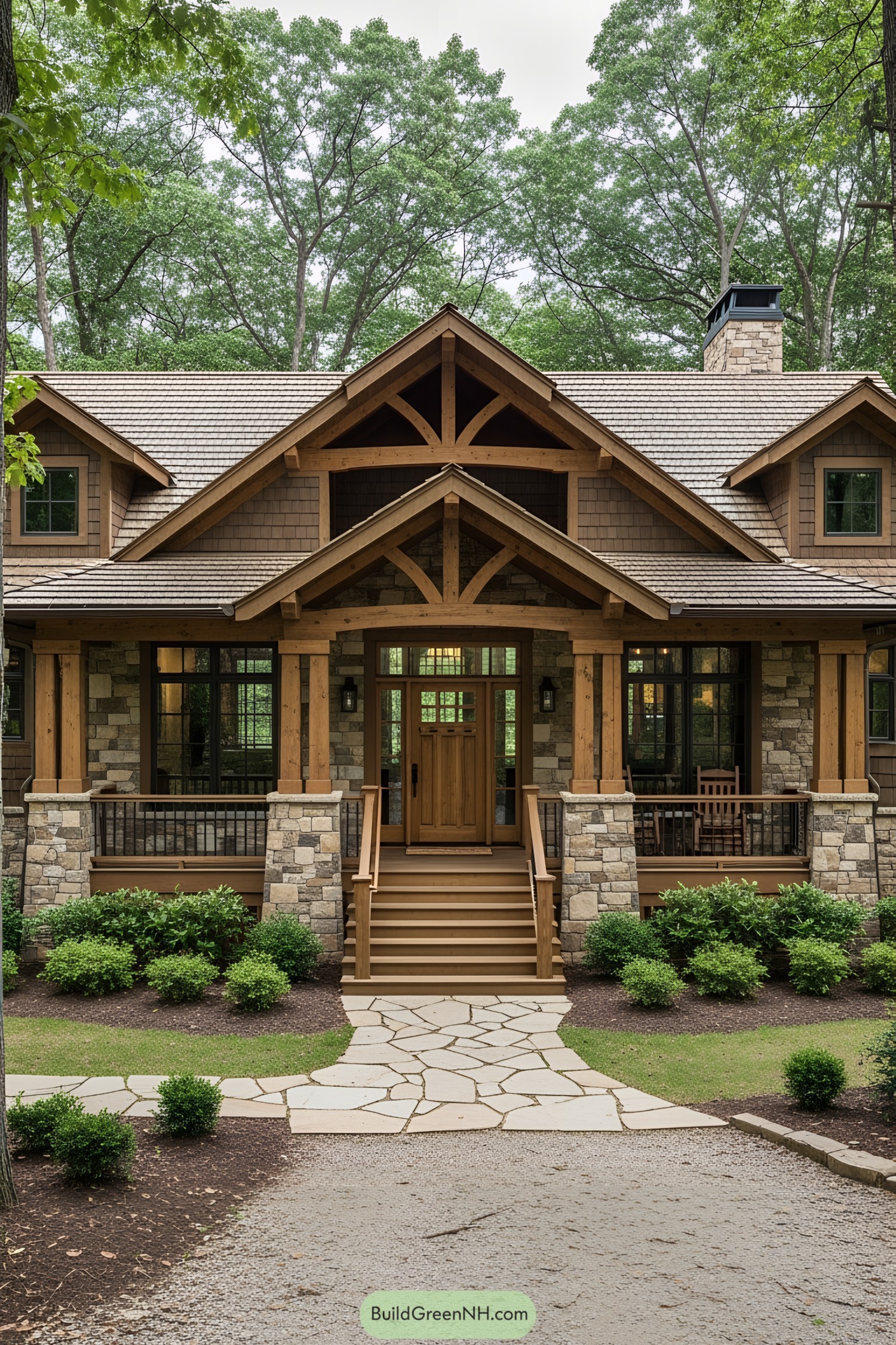 Charming cottage ranch with wood and stone architecture surrounded by lush greenery